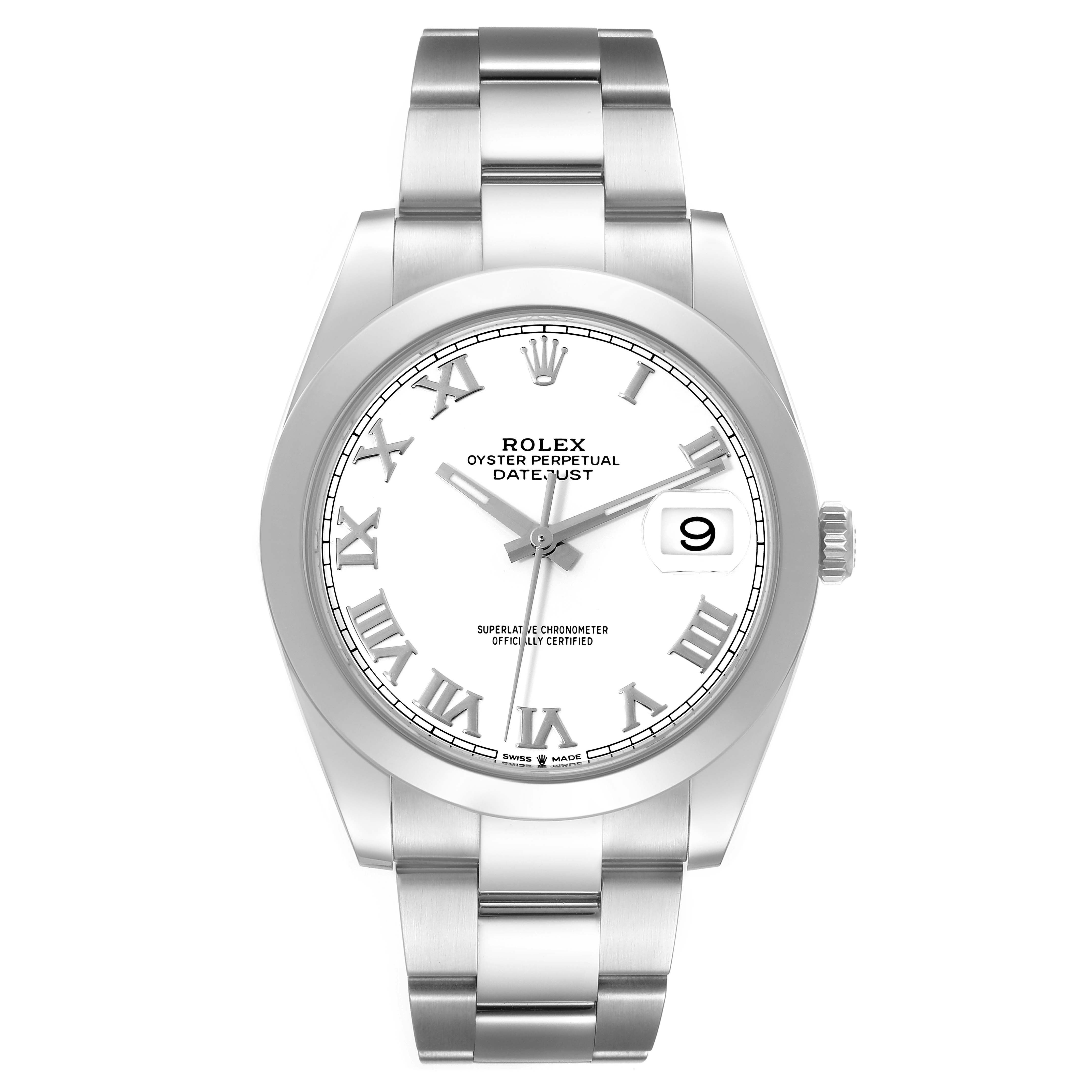 The image shows a front view of the Rolex Datejust 41 126300 Men's Stainless Steel White Dial 126300 Men's Stainless Steel White Dial model, highlighting its face, bracelet, and date window.