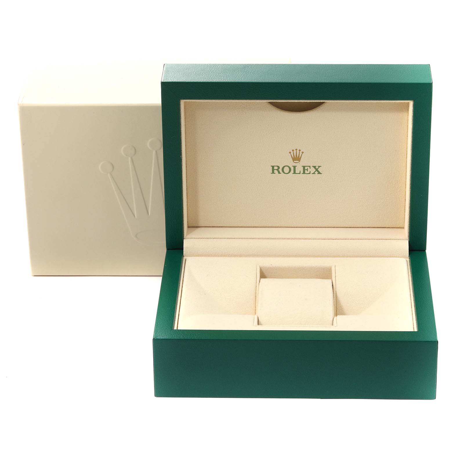 This image shows an open Rolex Datejust 41 126300 Men's Stainless Steel White Dial 126300 Men's Stainless Steel White Dial watch box, revealing the interior with a cushioned compartment.