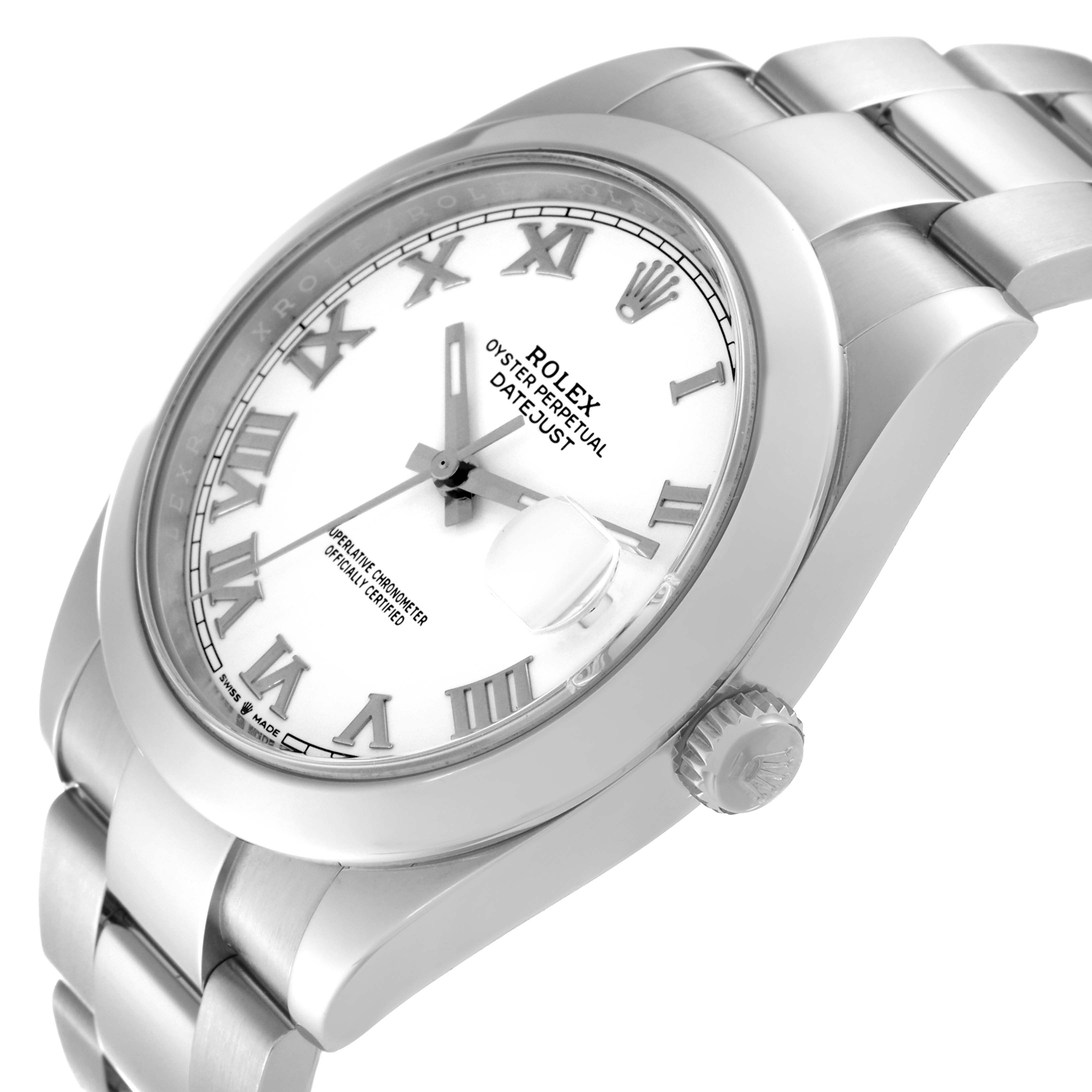 This image showcases a Rolex Datejust 41 126300 Men's Stainless Steel White Dial 126300 Men's Stainless Steel White Dial watch from a side angle, highlighting the bezel, dial, bracelet, and crown.