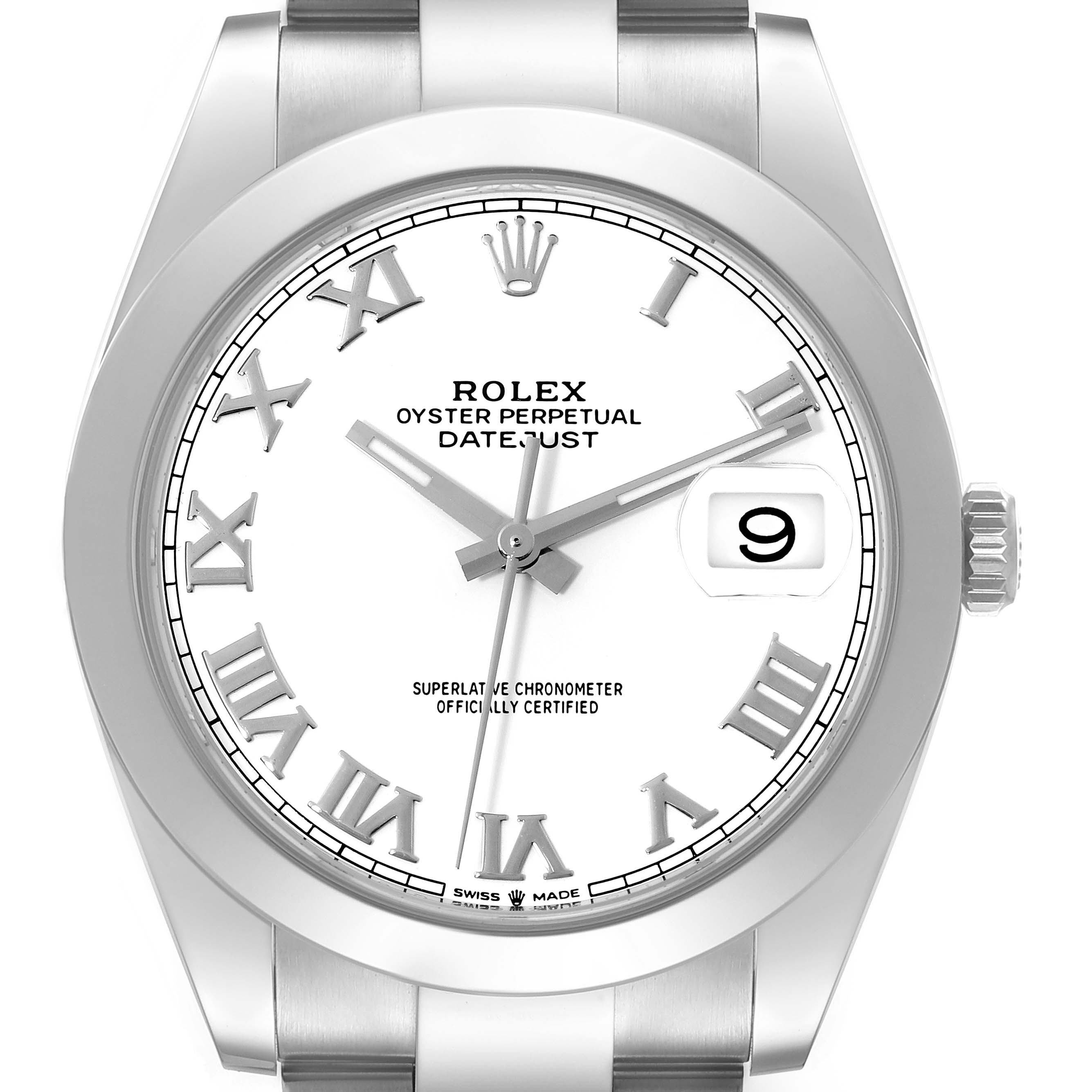 This image shows a front view of the Rolex Datejust 41 126300 Men's Stainless Steel White Dial 126300 Men's Stainless Steel White Dial, highlighting its dial, bezel, crown, and oyster bracelet.