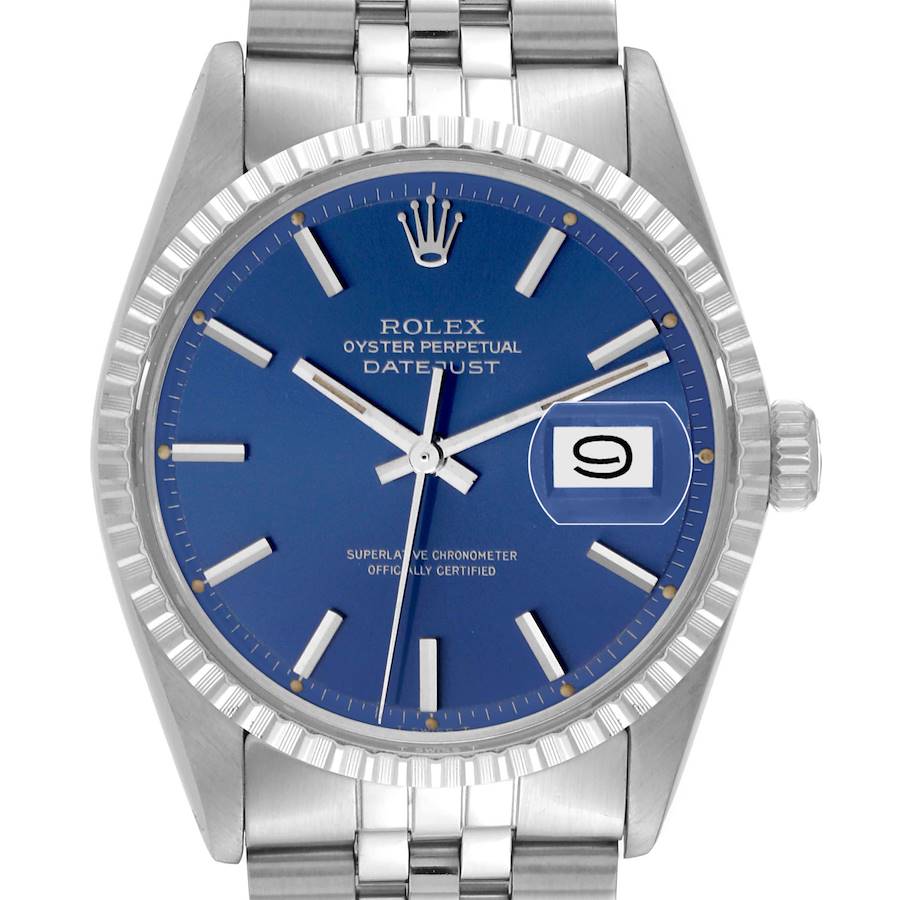 This image shows a front view of the Rolex Vintage Collection Oyster Perpetual Datejust watch with a blue dial and stainless steel bracelet.