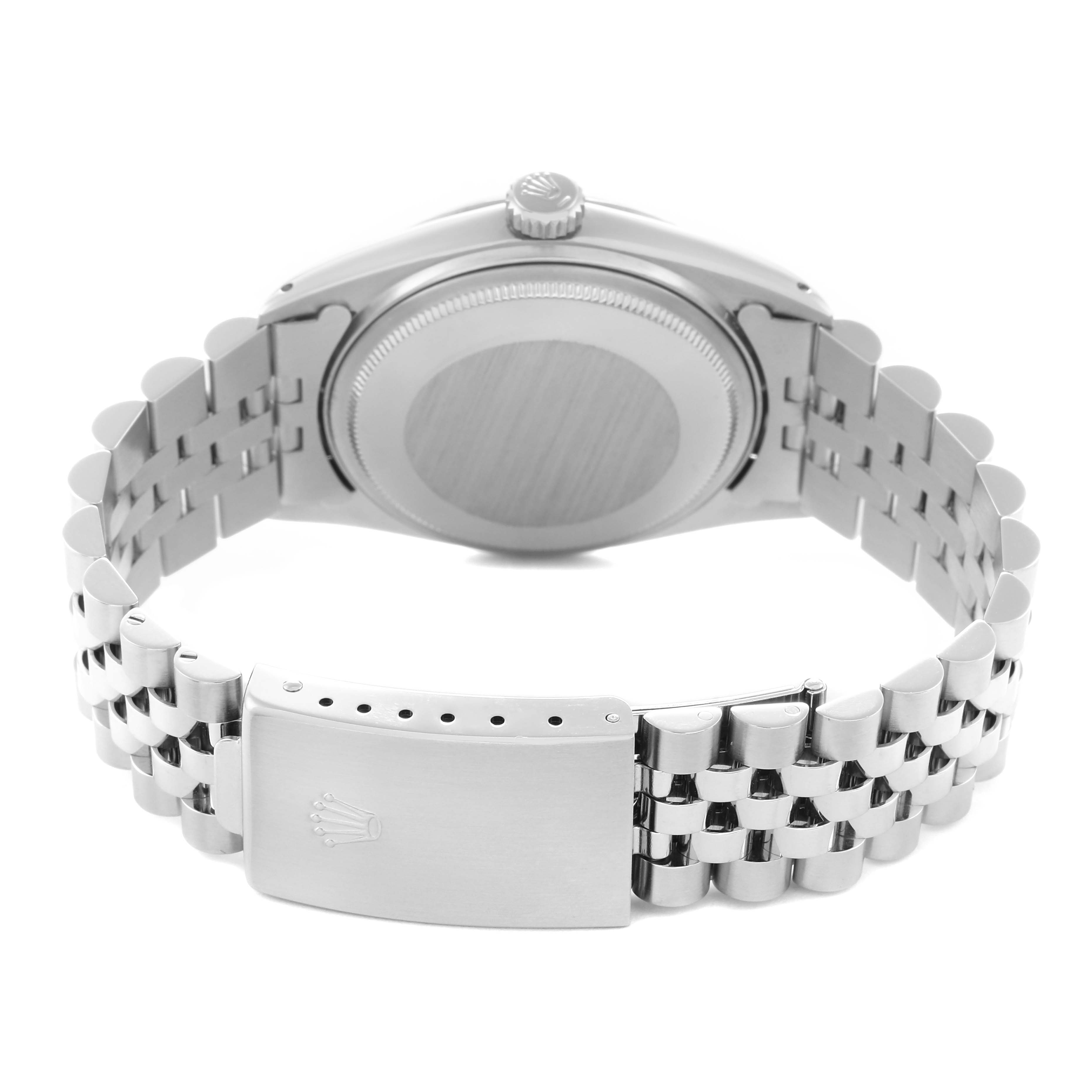 The image shows the back view of a Rolex Datejust 1603 Men
s Stainless Steel Silver Dial 1603 Men
s Stainless Steel Silver Dial, highlighting the bracelet and clasp.