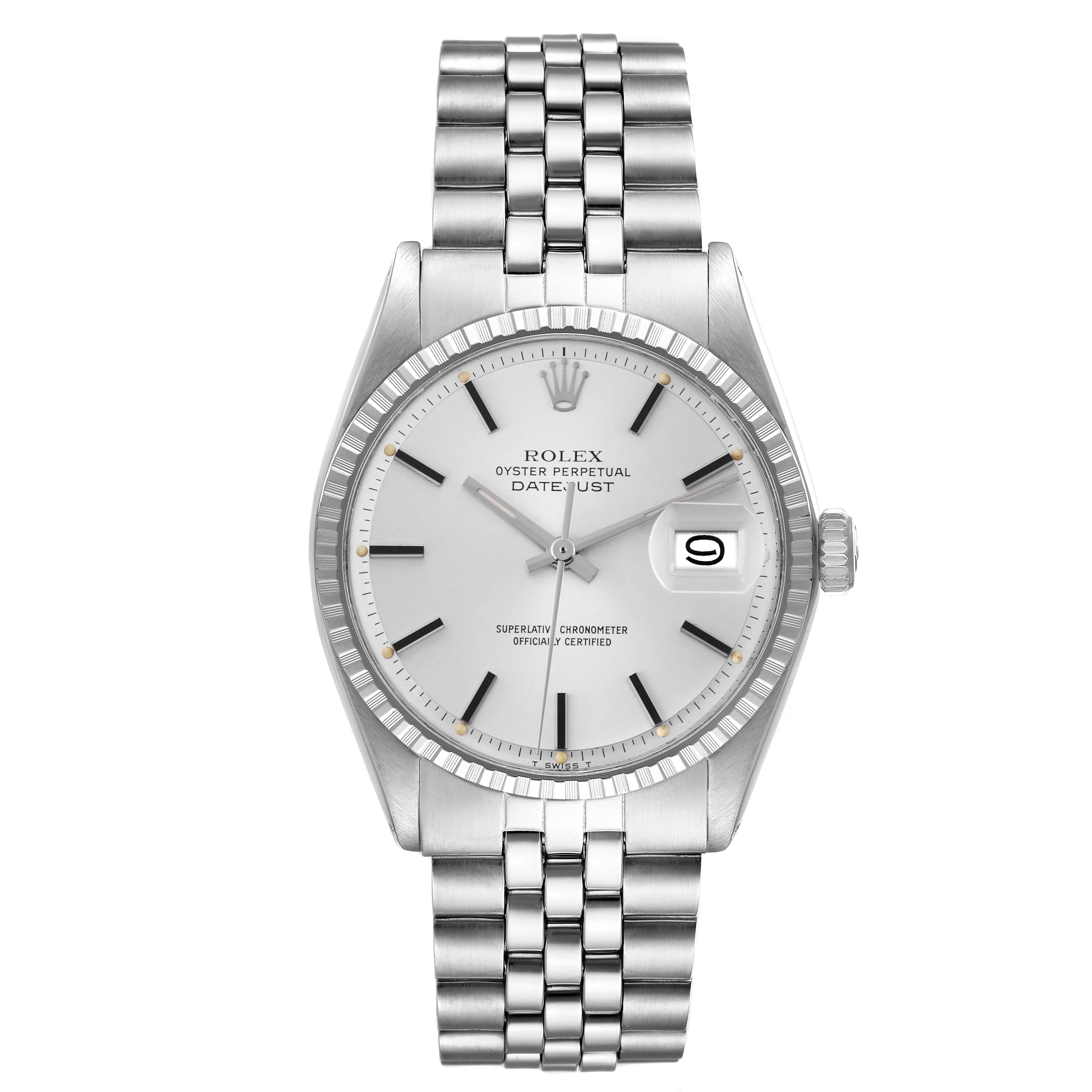 The image shows a front view of the Rolex Datejust 1603 Men
s Stainless Steel Silver Dial 1603 Men
s Stainless Steel Silver Dial, highlighting its dial, bezel, and bracelet.