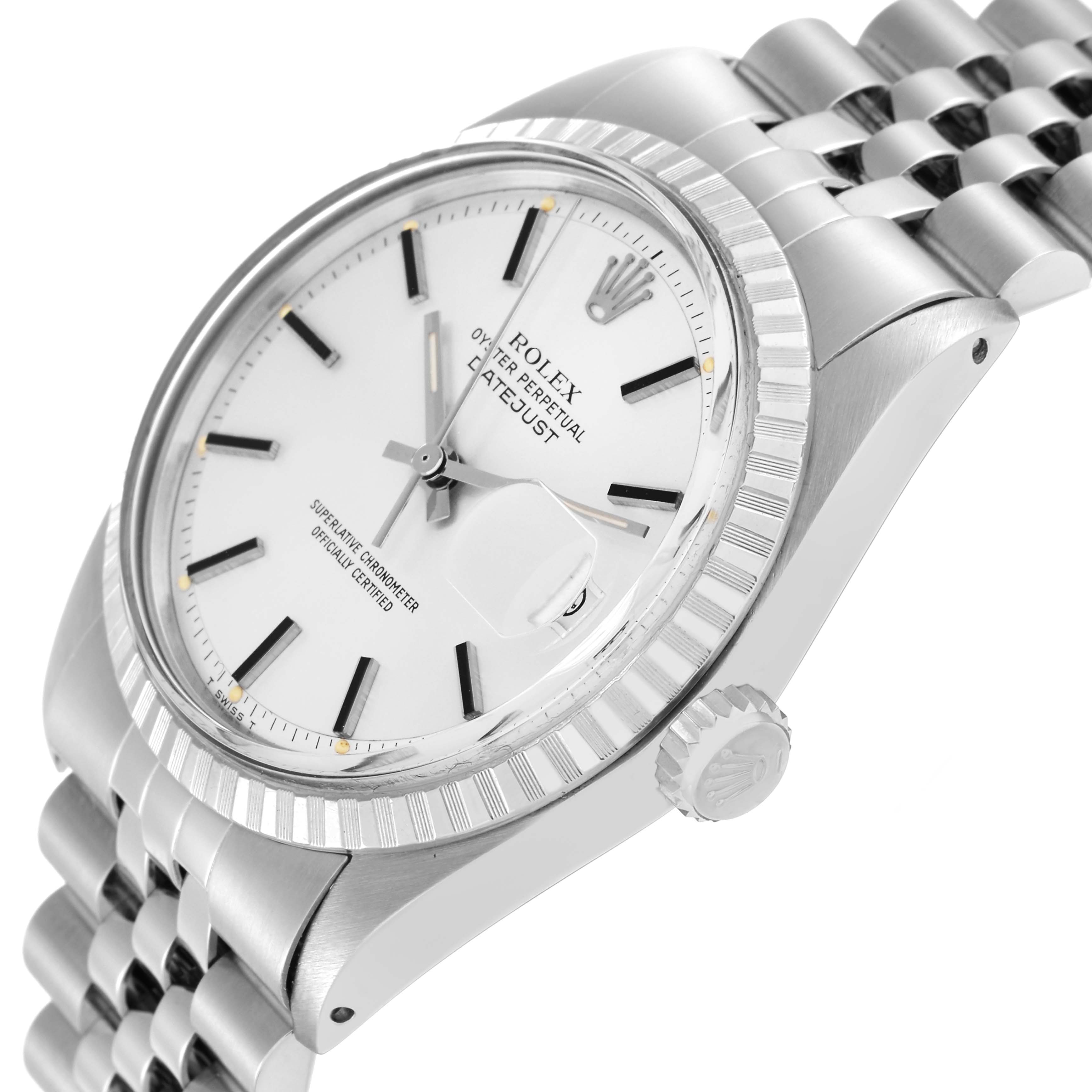 The Rolex Datejust 1603 Men
s Stainless Steel Silver Dial 1603 Men
s Stainless Steel Silver Dial is shown at an angled side view, highlighting the dial, fluted bezel, crown, and part of the bracelet.