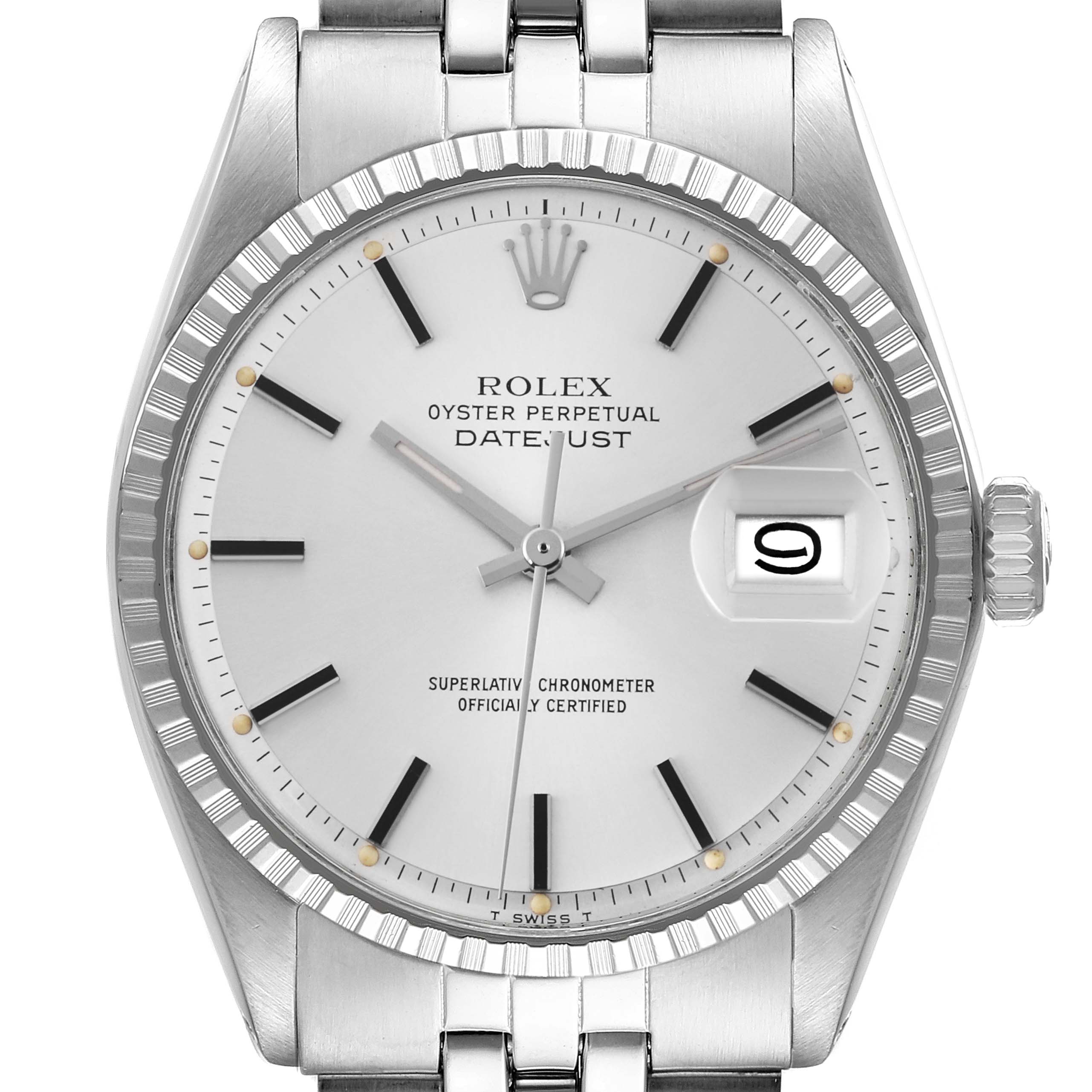 The image shows a front view of a Rolex Datejust 1603 Men
s Stainless Steel Silver Dial 1603 Men
s Stainless Steel Silver Dial watch, highlighting the dial, bracelet, and fluted bezel.
