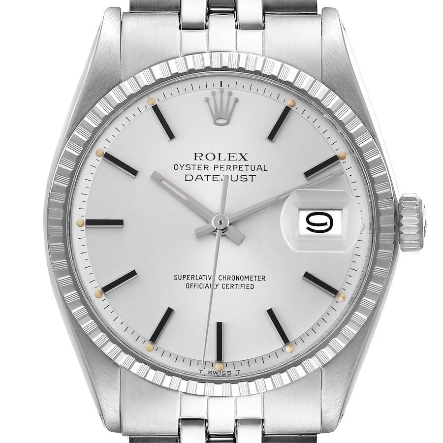 The image shows a front view of a Rolex Datejust 1603 Men's Stainless Steel Silver Dial 1603 Men's Stainless Steel Silver Dial watch, highlighting the dial, bracelet, and fluted bezel.