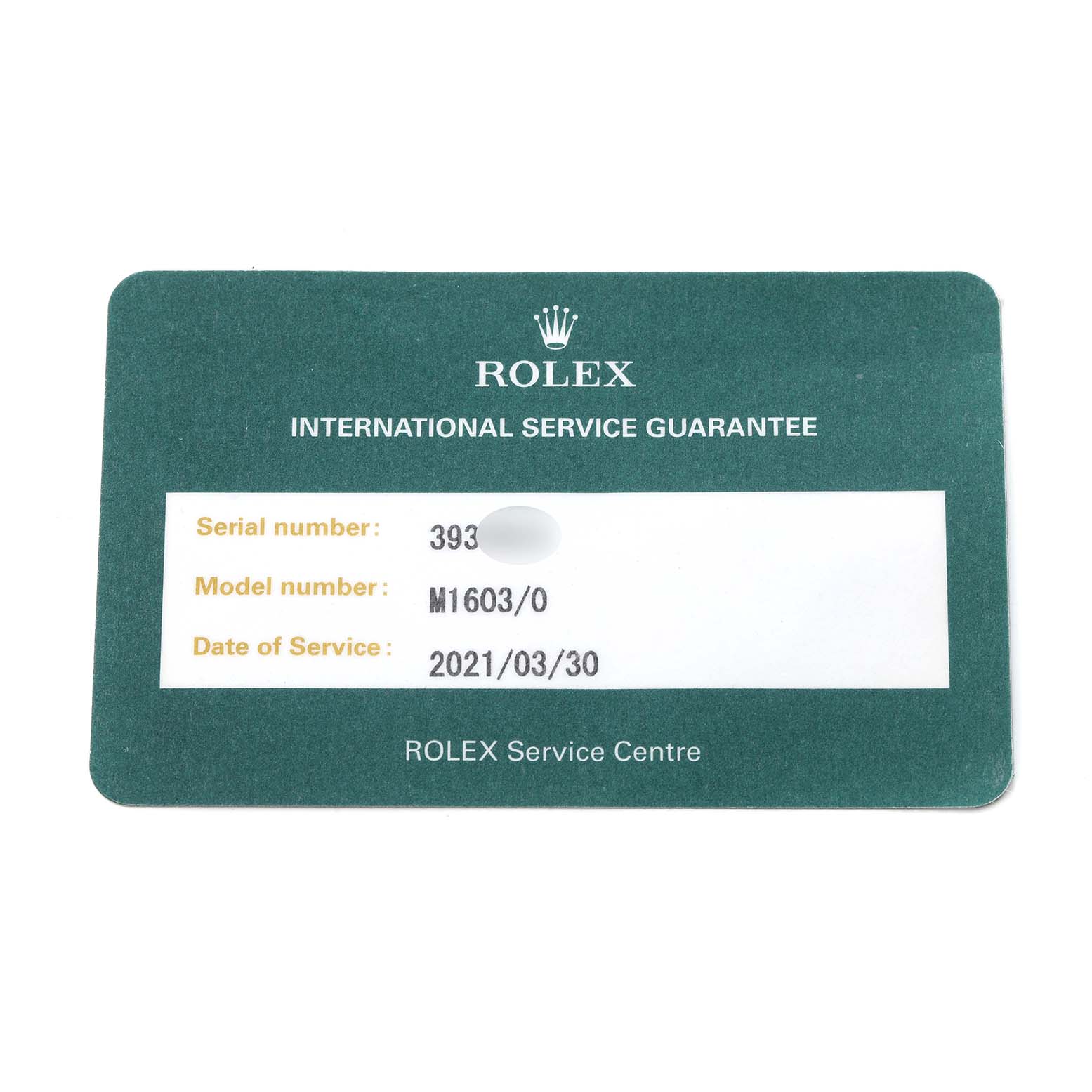 The image shows a Rolex Datejust 1603 Men
s Stainless Steel Silver Dial 1603 Men
s Stainless Steel Silver Dial service guarantee card, displaying serial, model number, and service date details.