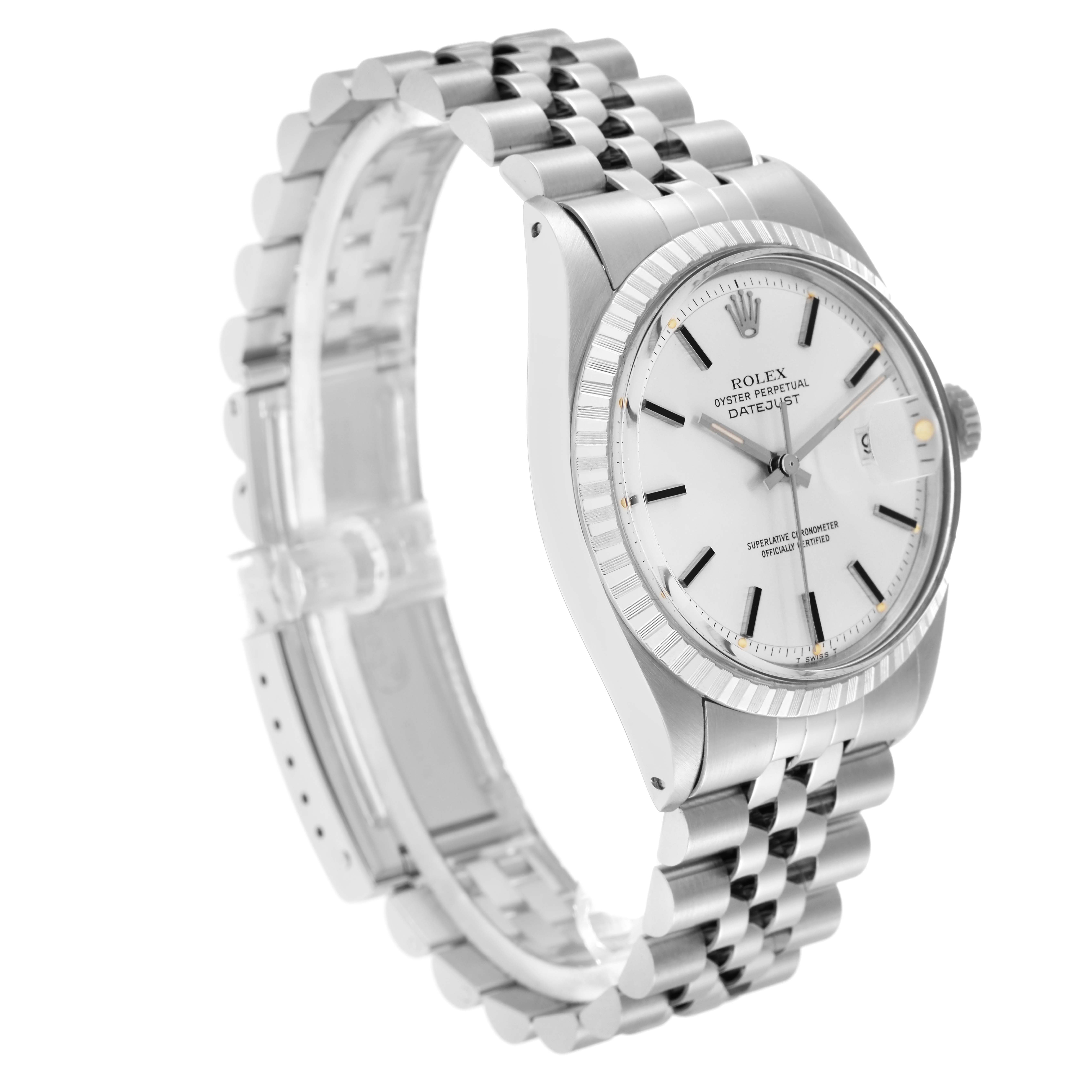 The Rolex Datejust 1603 Men
s Stainless Steel Silver Dial 1603 Men
s Stainless Steel Silver Dial watch is shown at a three-quarter angle, highlighting the dial, bezel, bracelet, and crown.
