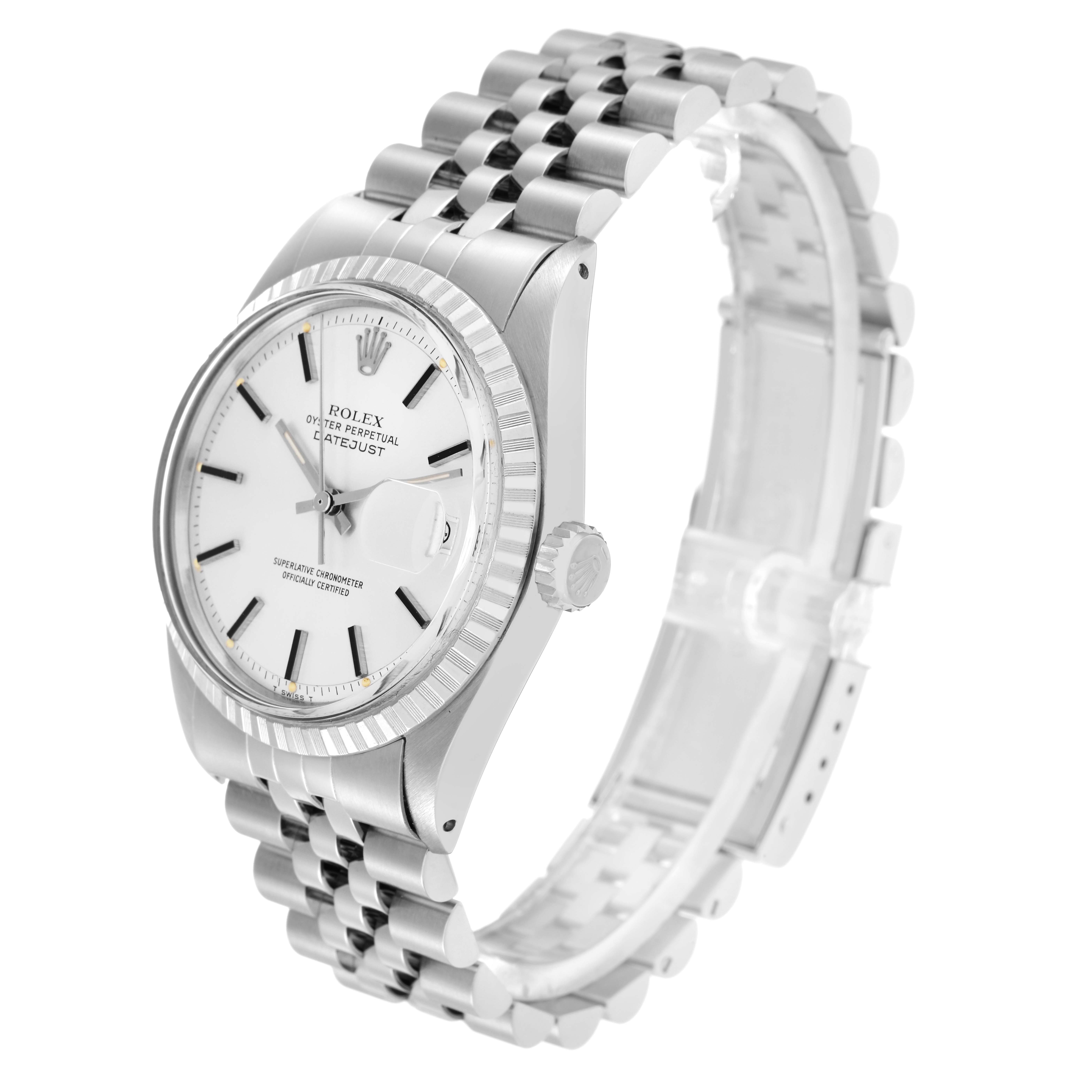 The Rolex Datejust 1603 Men
s Stainless Steel Silver Dial 1603 Men
s Stainless Steel Silver Dial watch is shown at a three-quarter angle, highlighting the face, bezel, crown, and Jubilee bracelet.