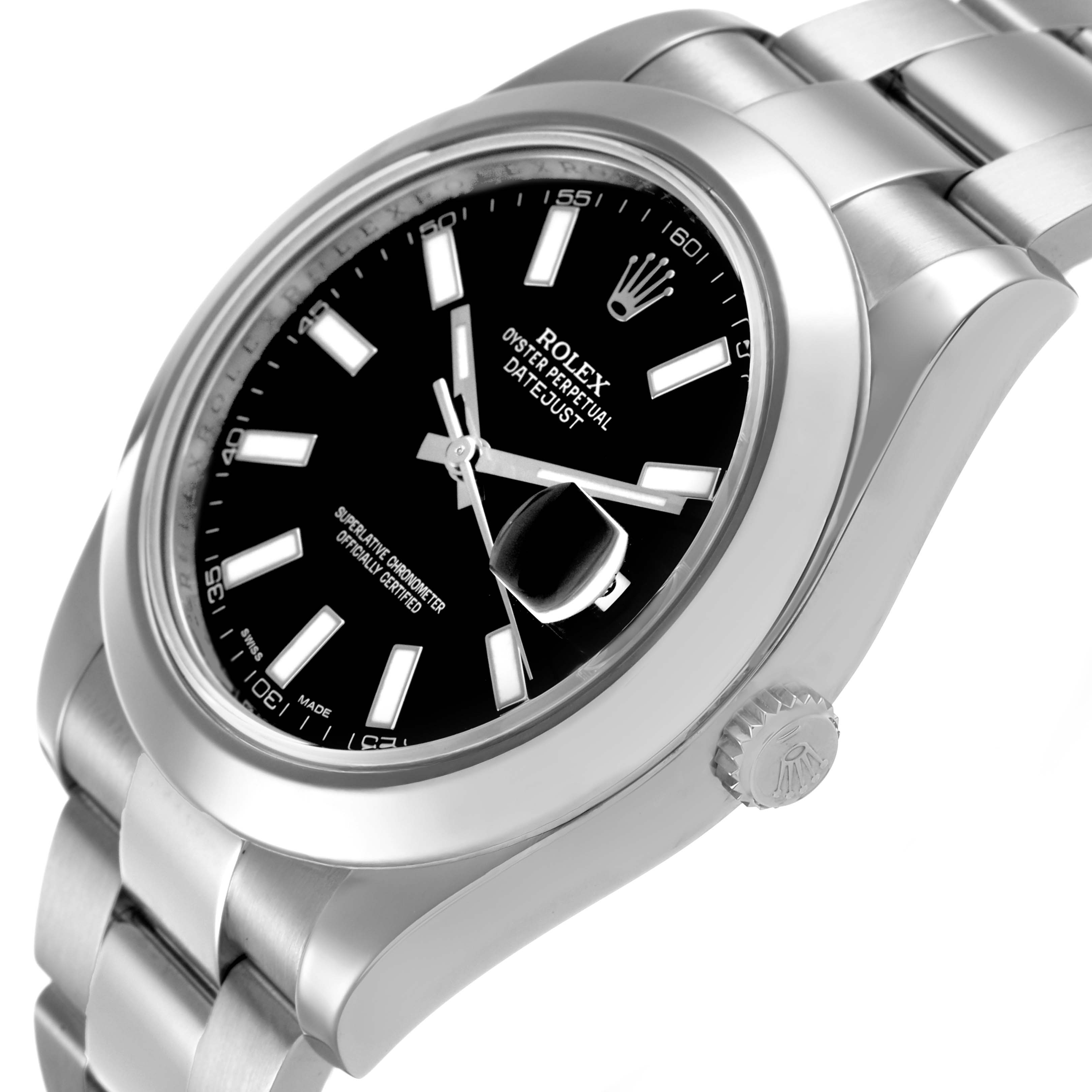 The Rolex Datejust 41 116300 Men's Stainless Steel Black Dial watch is shown at an angled side view, highlighting the case, bracelet, crown, and dial.