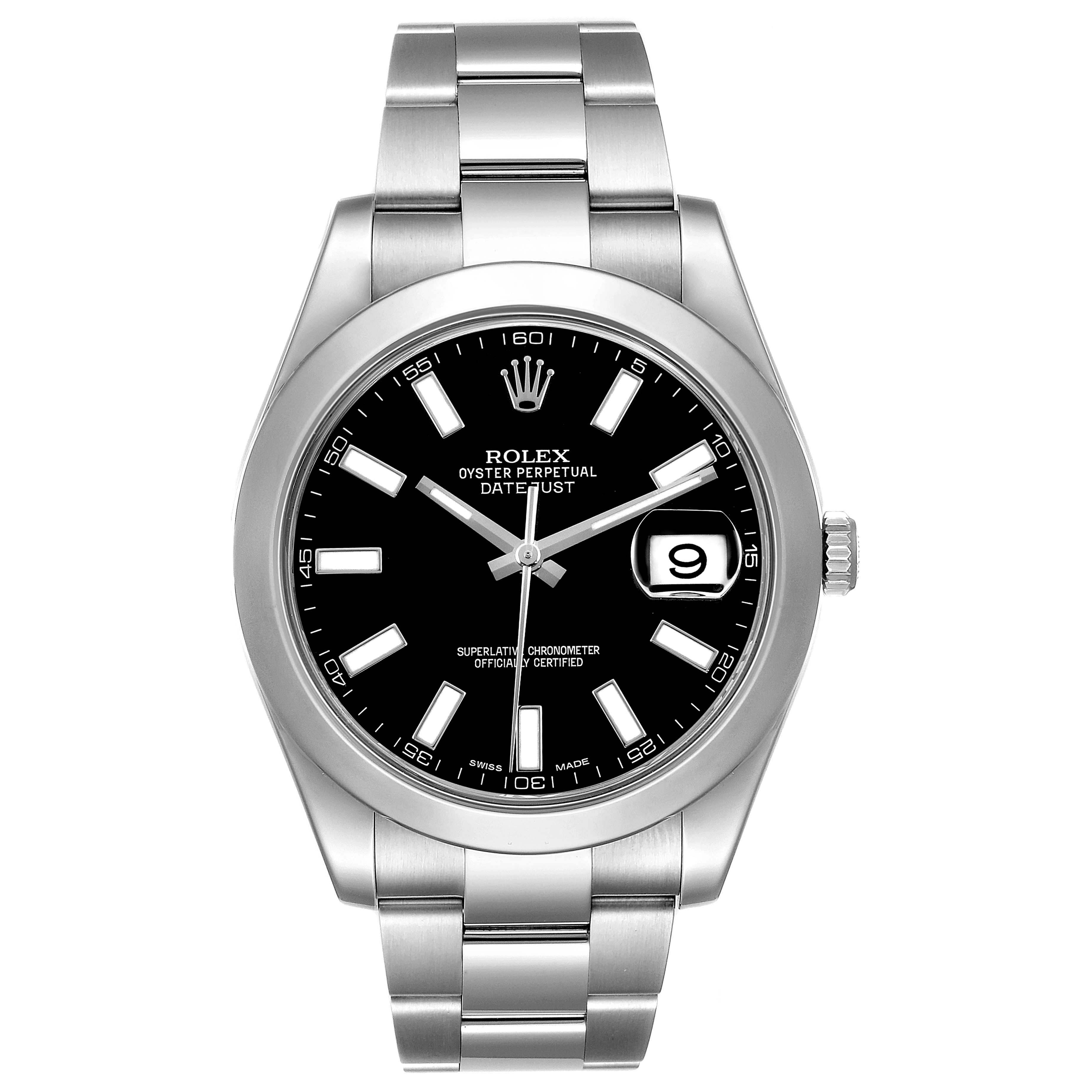 The Rolex Datejust 41 116300 Men's Stainless Steel Black Dial is shown from a frontal angle, displaying the complete face, bezel, and bracelet.