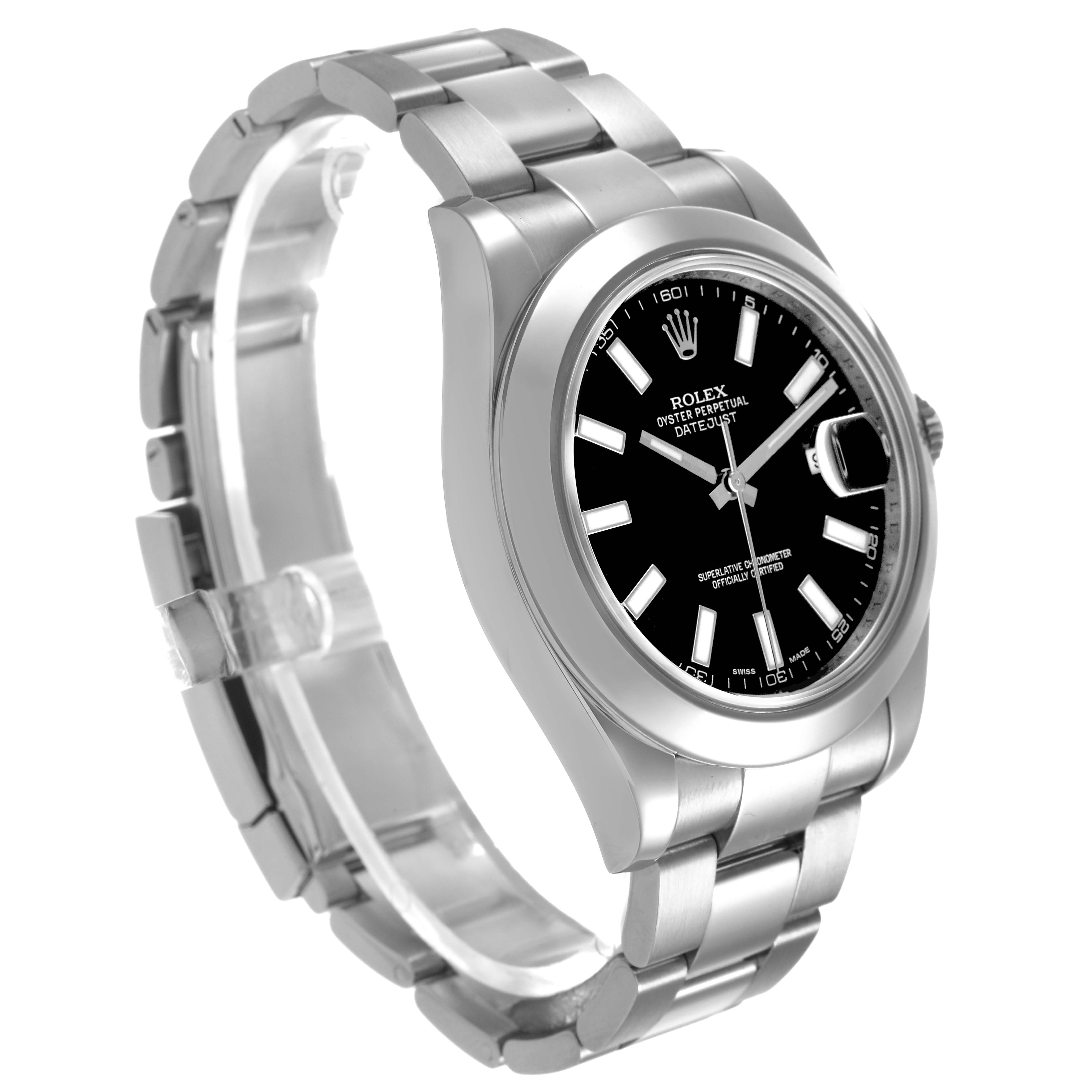 The Rolex Datejust 41 116300 Men's Stainless Steel Black Dial is shown at a three-quarter angle, highlighting its bracelet, bezel, and dial with a prominent date window.