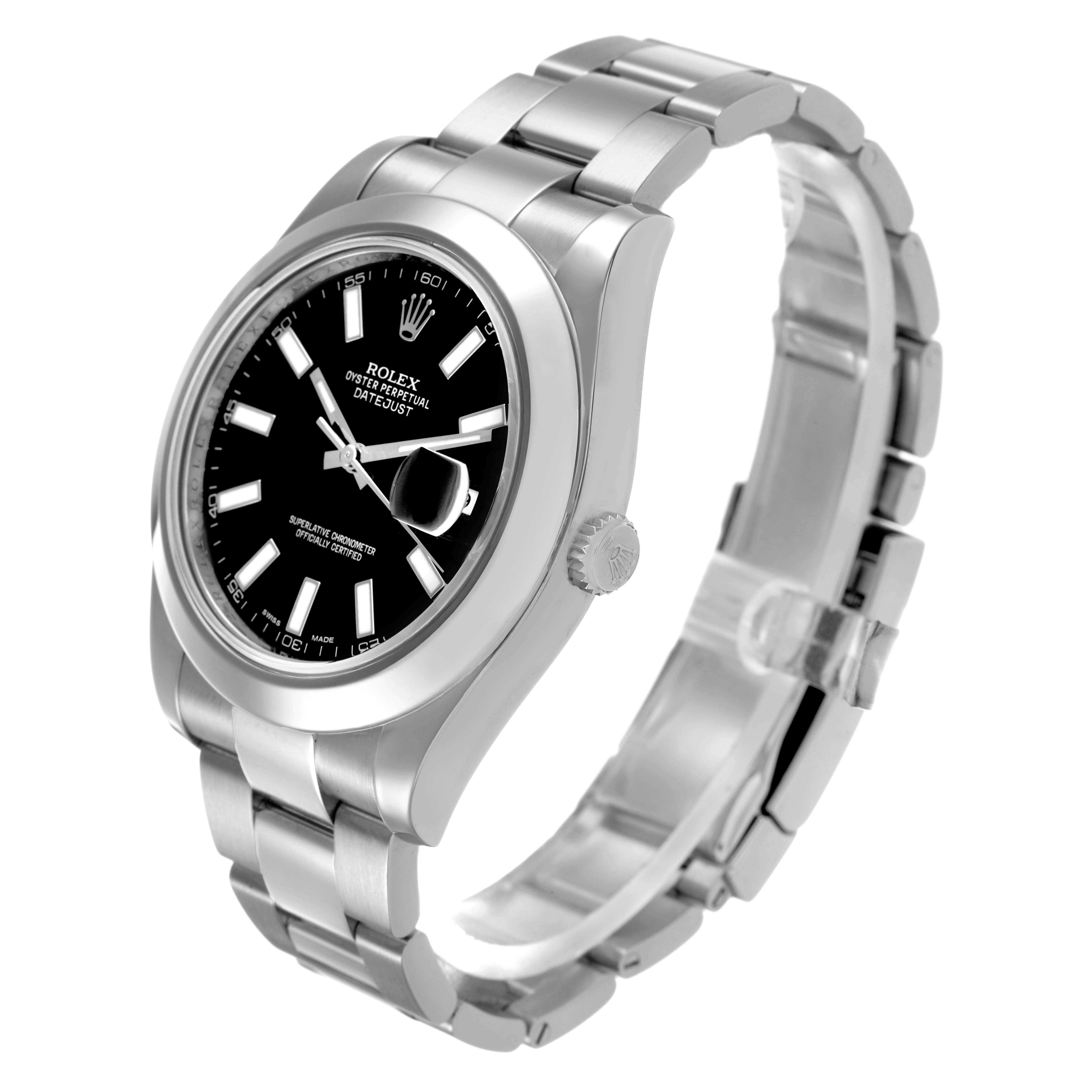 The Rolex Datejust 41 116300 Men's Stainless Steel Black Dial watch is shown at a three-quarter angle, highlighting the black dial, hour markers, crown, and stainless steel bracelet.