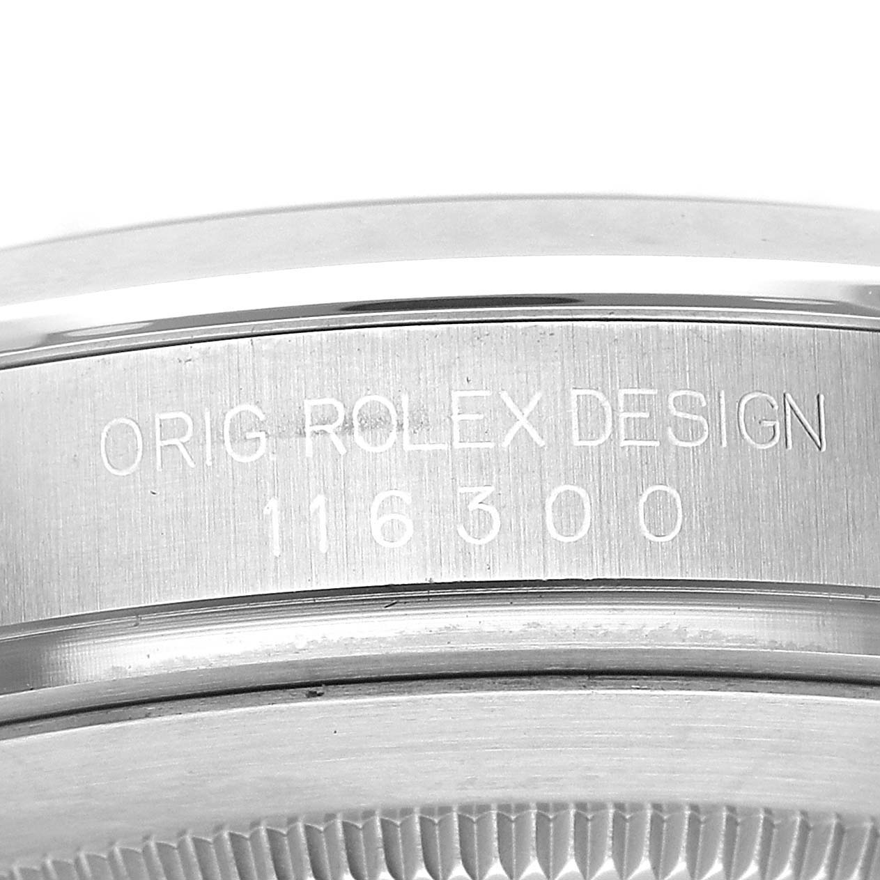 The image shows a close-up angle of the side of the Rolex Datejust 41 116300 Men's Stainless Steel Black Dial, highlighting engraving details.