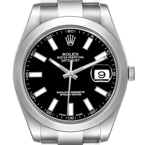The Rolex Datejust 41 116300 Men's Stainless Steel Black Dial is shown from a front angle, highlighting the dial, bezel, hands, indices, and date window.