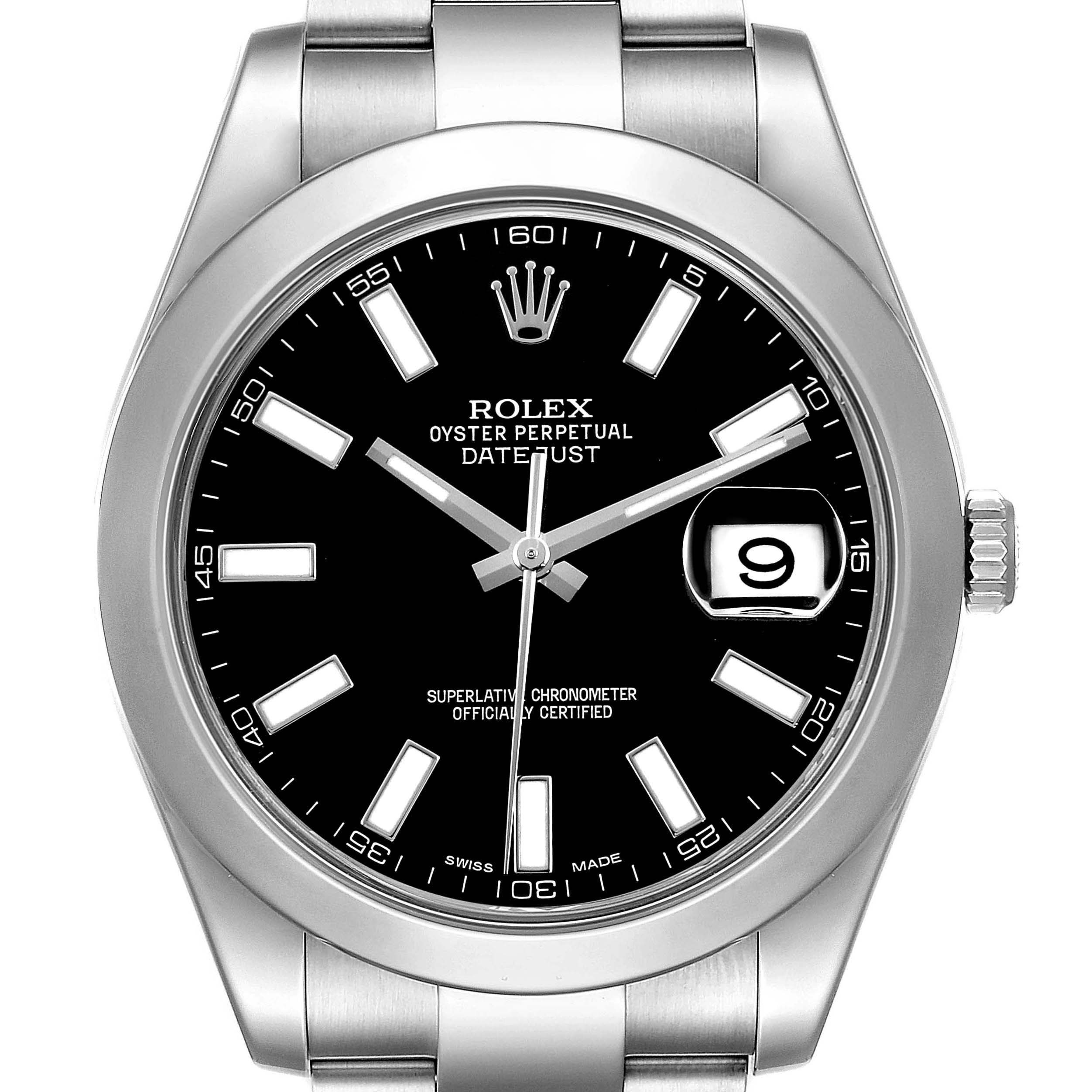 The Rolex Datejust 41 116300 Men's Stainless Steel Black Dial watch is shown from a front angle, displaying the dial, bezel, and part of the bracelet.
