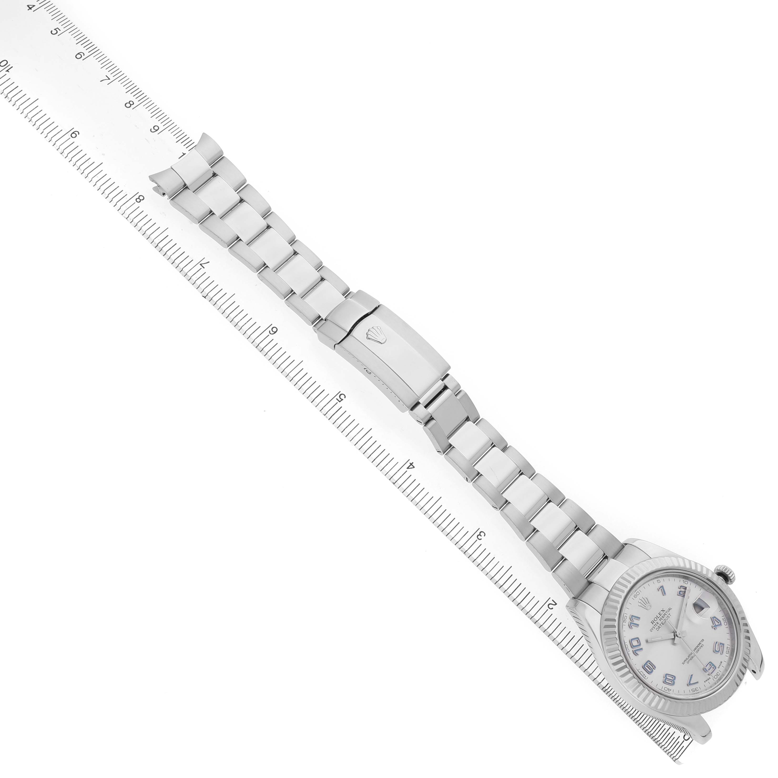 The Rolex Datejust 41 116334 Men's Stainless Steel Silver Dial watch is shown at an angled top view, highlighting the bracelet, clasp, and a portion of the dial.