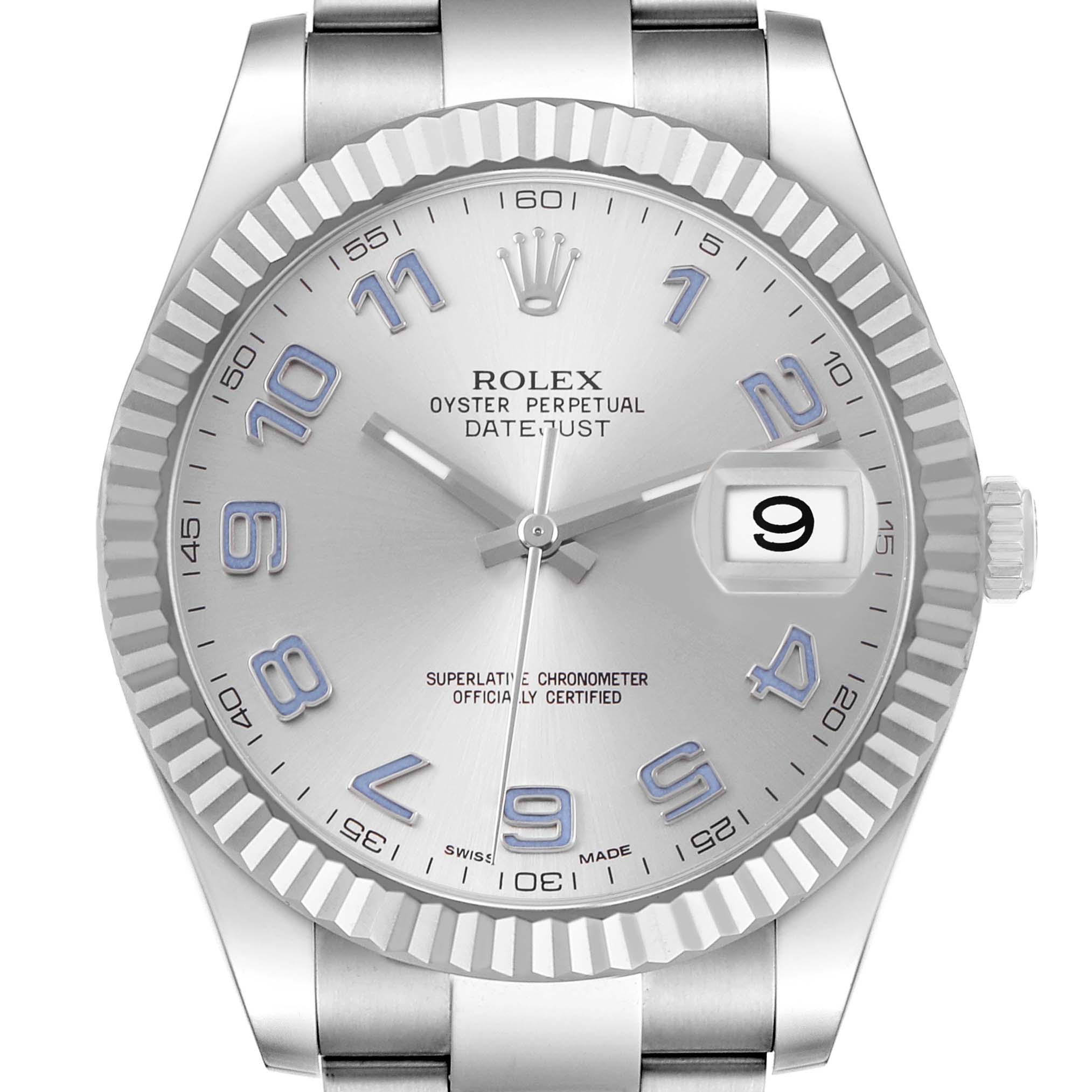The image shows a Rolex Datejust 41 116334 Men's Stainless Steel Silver Dial, featuring a frontal view of the silver dial, fluted bezel, and part of the bracelet.