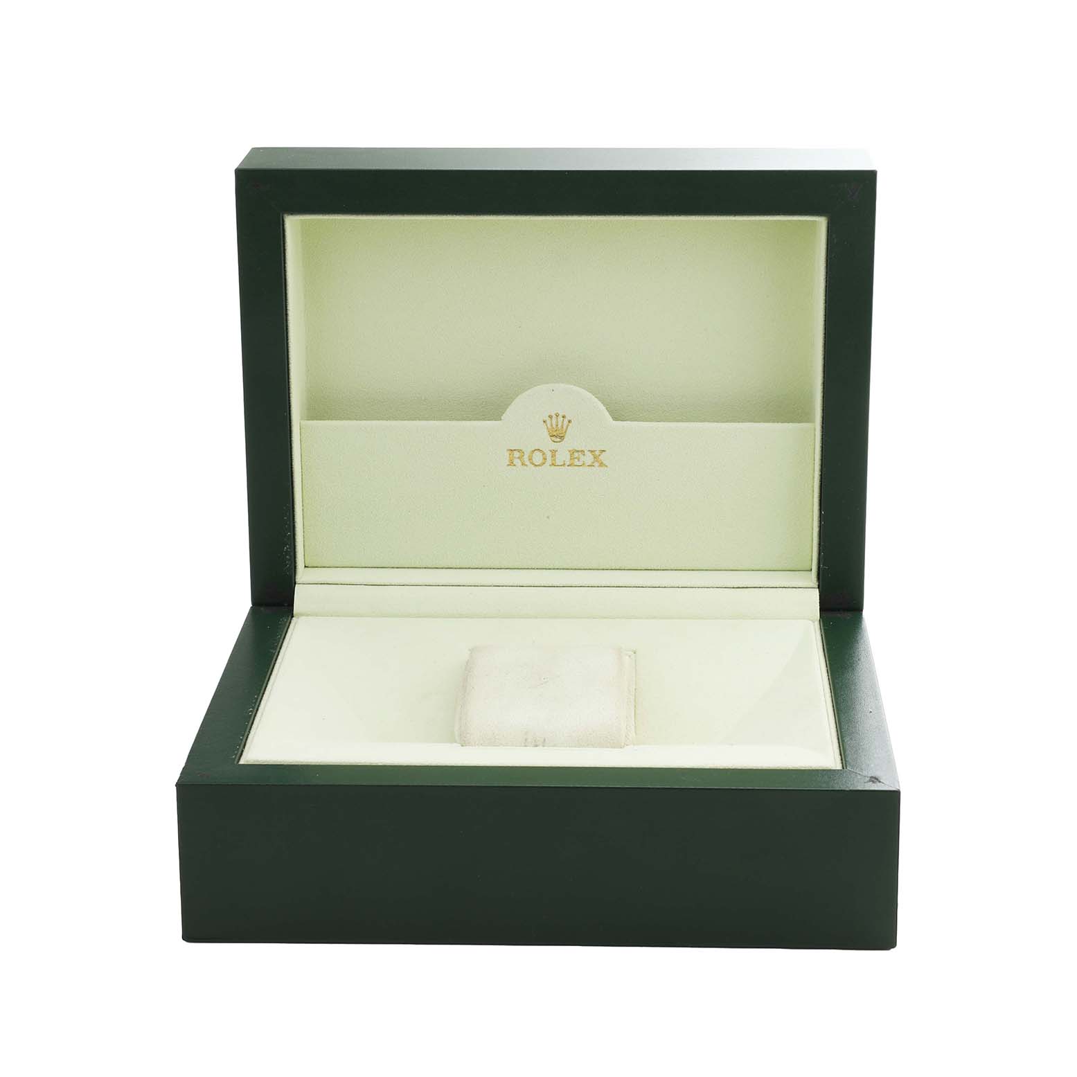 The image shows an open green Rolex watch box, likely for the Datejust 41 model, with an empty cushioned display inside.
