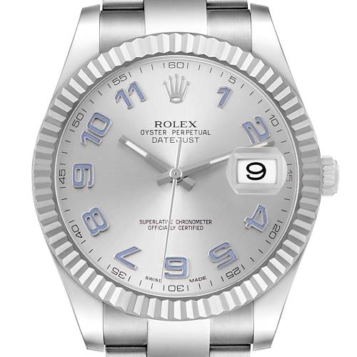 The Rolex Datejust 41 116334 Men's Stainless Steel Silver Dial watch is shown from a front angle, highlighting the dial, bezel, and bracelet.