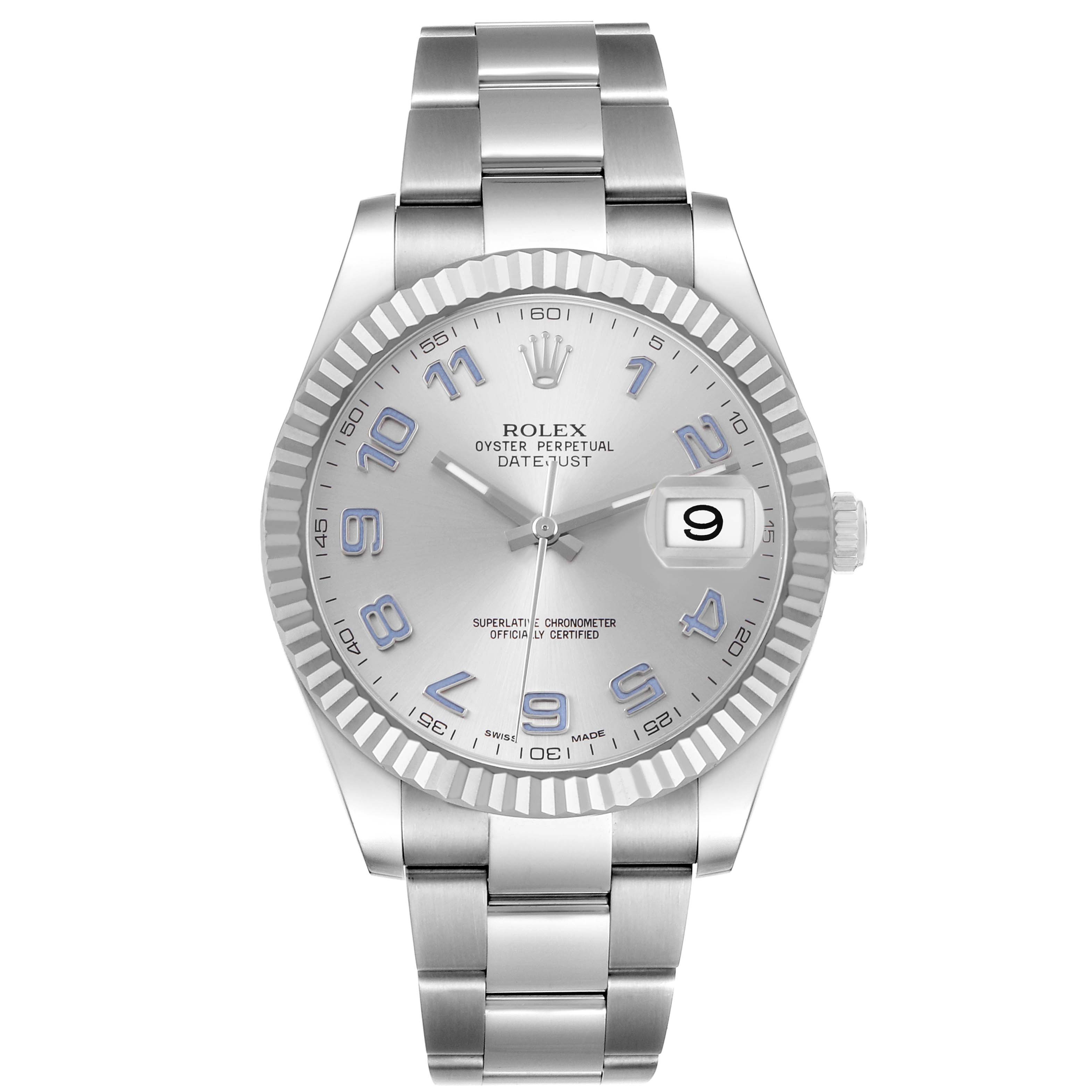 The Rolex Datejust 41 116334 Men's Stainless Steel Silver Dial is shown from the front, featuring the dial, bezel, bracelet, and cyclops lens over the date.