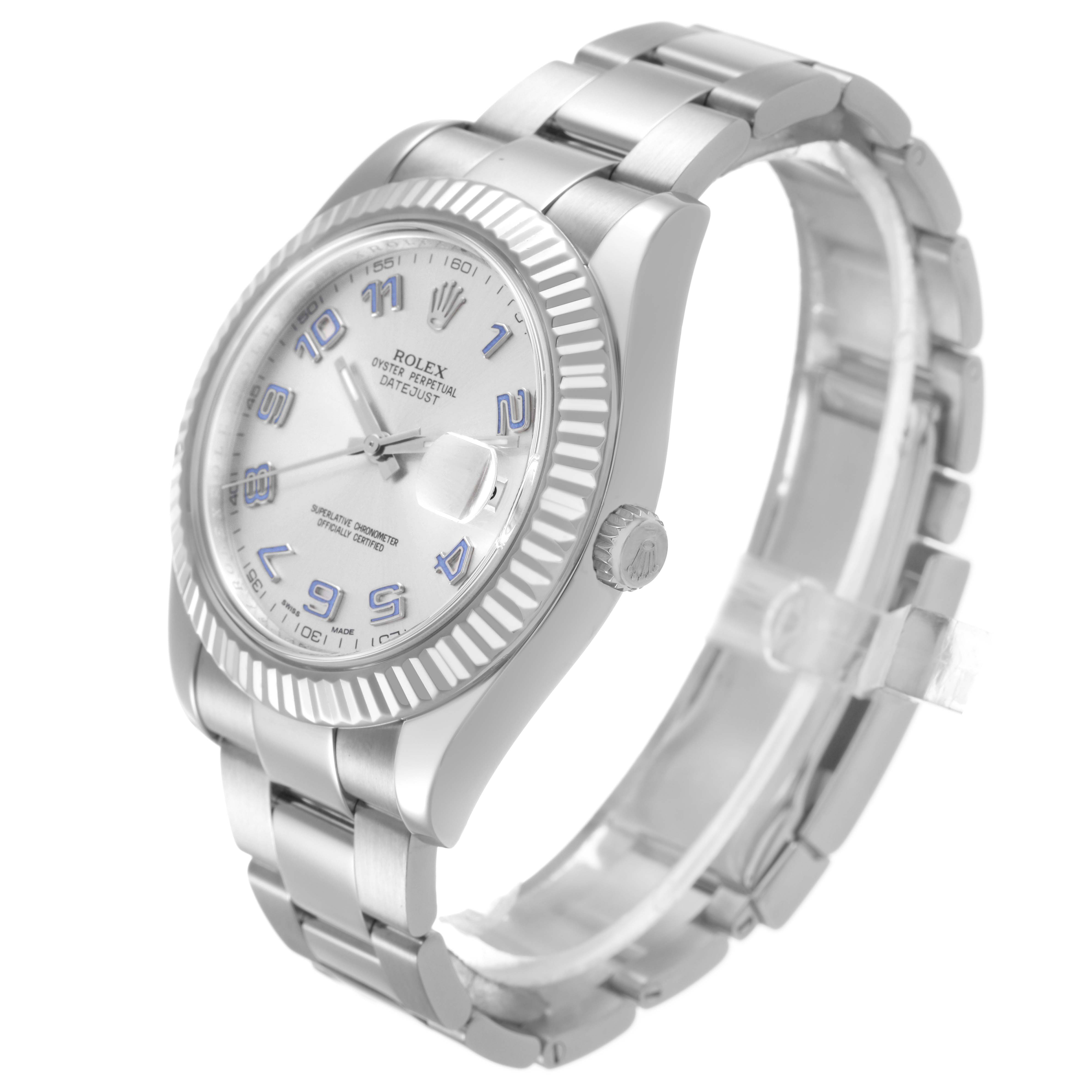 The Rolex Datejust 41 116334 Men's Stainless Steel Silver Dial is shown at a three-quarter angle, displaying the watch face, fluted bezel, case, crown, and bracelet.