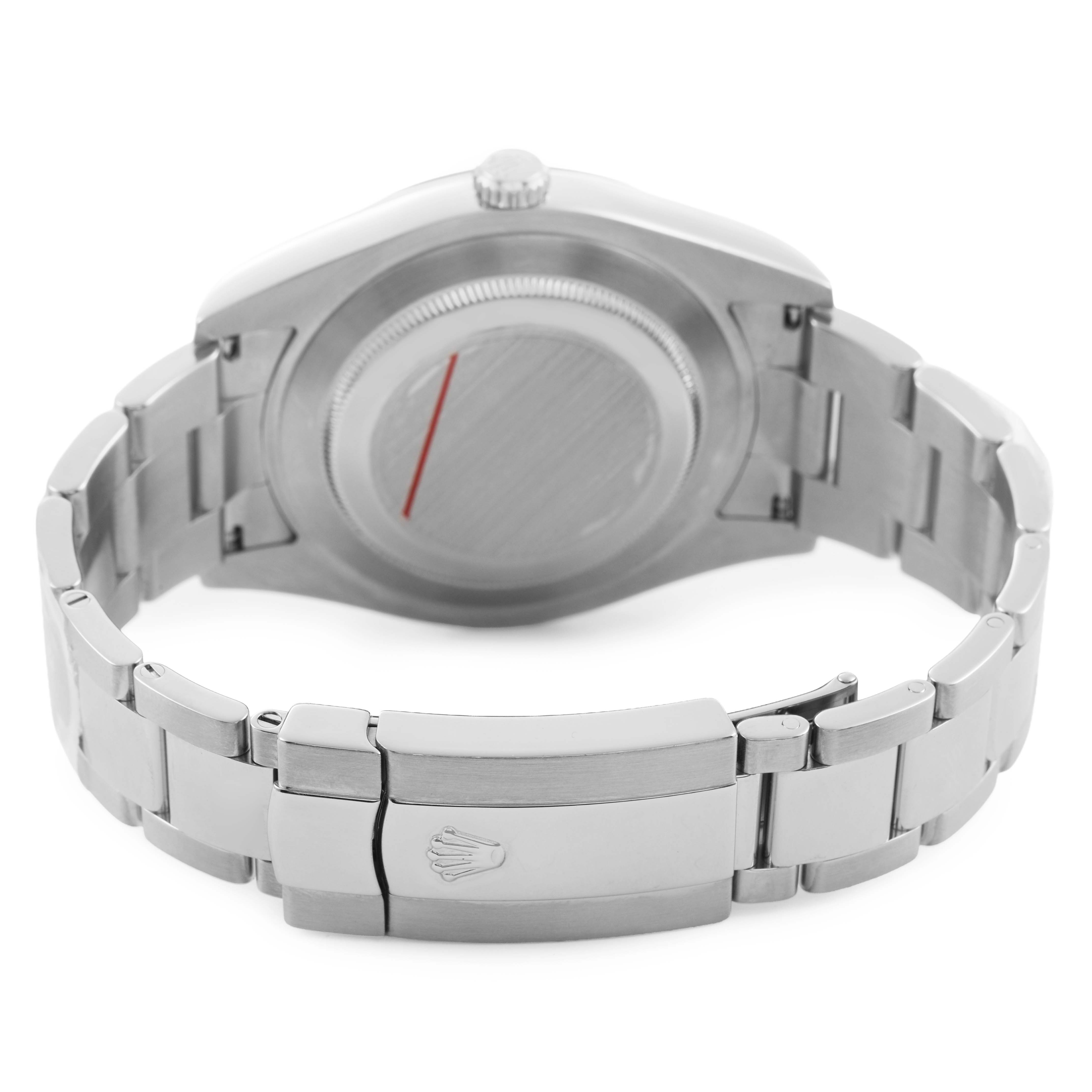 The Rolex Datejust 41 116334 Men's Stainless Steel Silver Dial watch is shown from the rear, highlighting the closed clasp and bracelet.