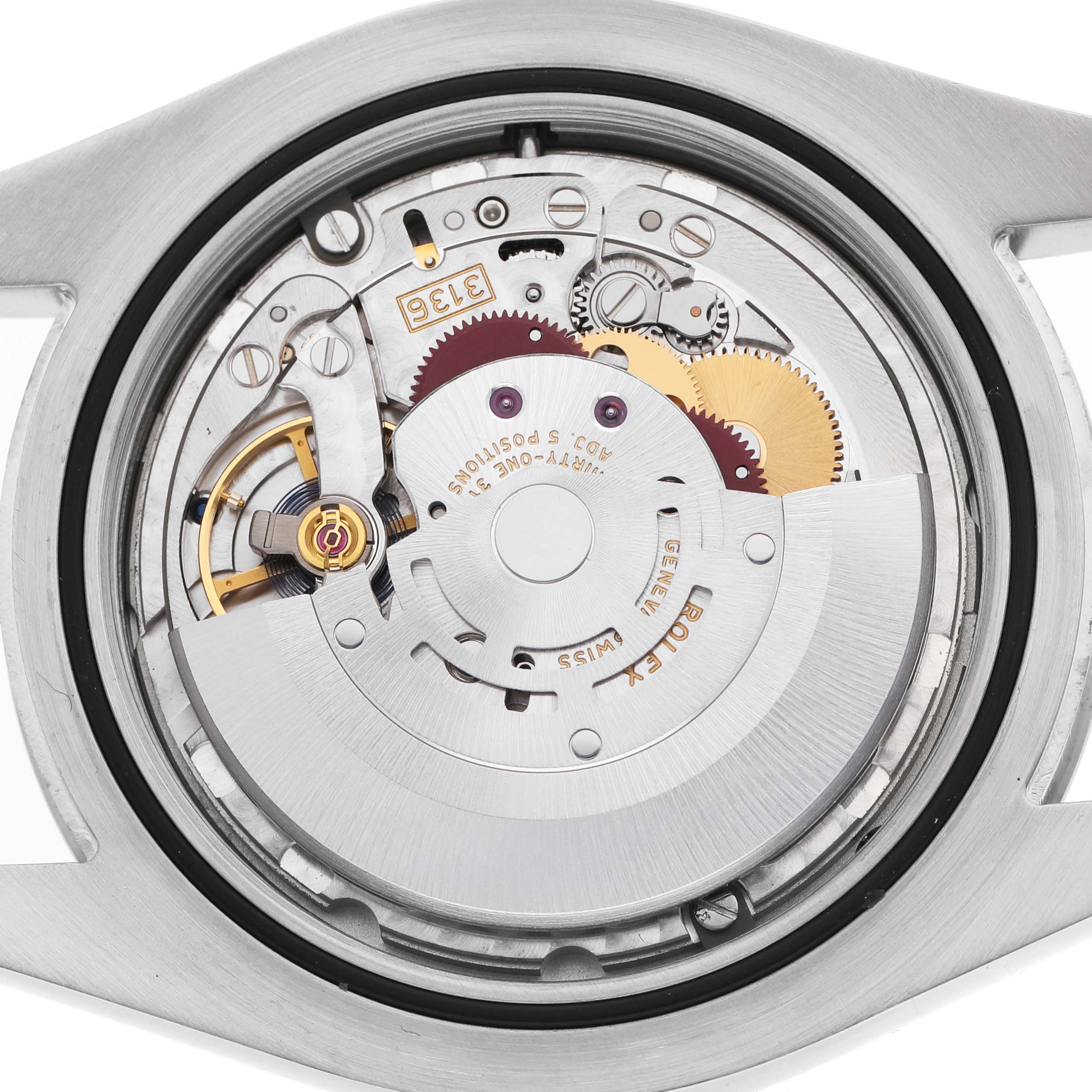 The image shows the back view of the Rolex Datejust 41 116334 Men's Stainless Steel Silver Dial, highlighting its intricate movement and internal components.