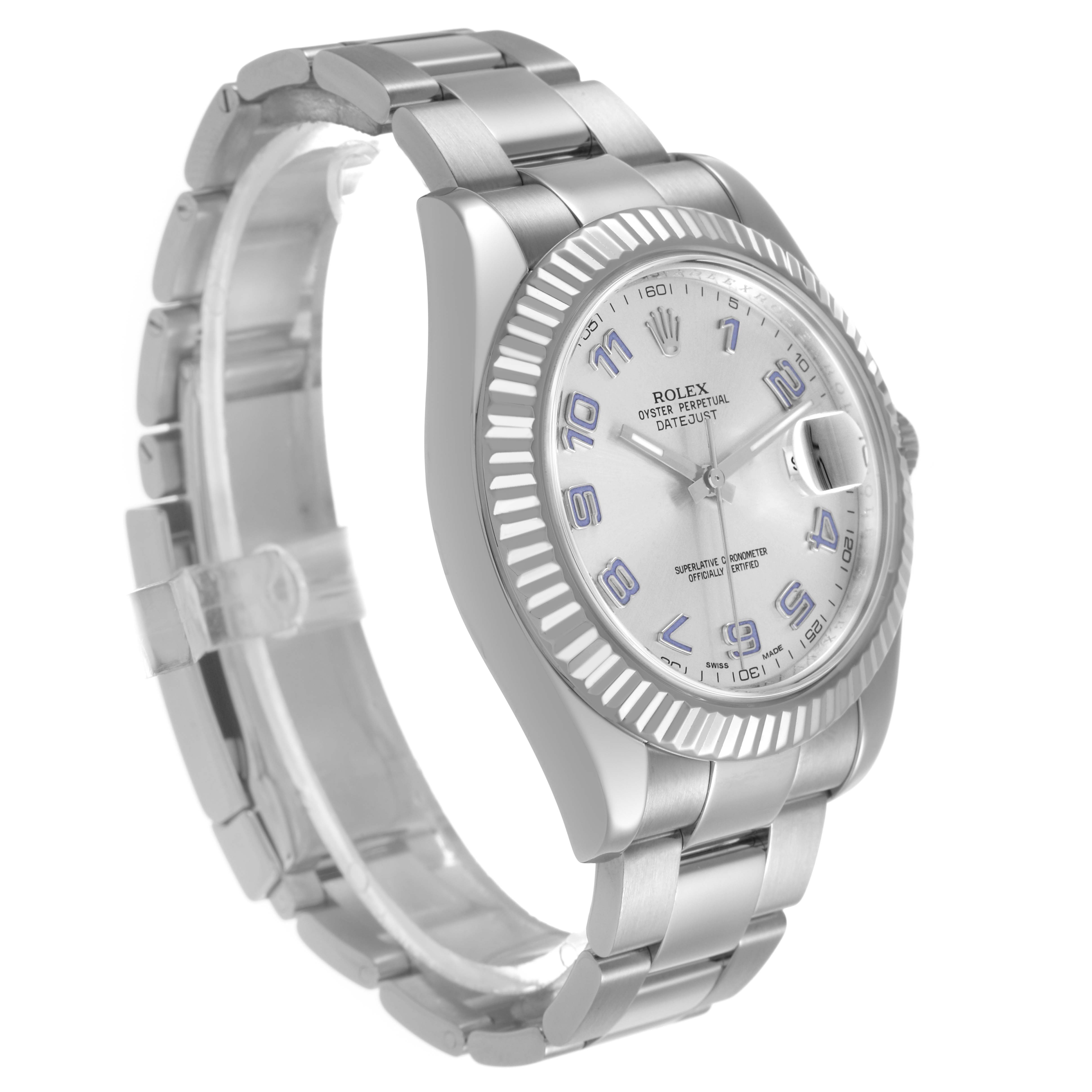 The Rolex Datejust 41 116334 Men's Stainless Steel Silver Dial is shown at a three-quarter angle, highlighting its dial, bracelet, and fluted bezel.