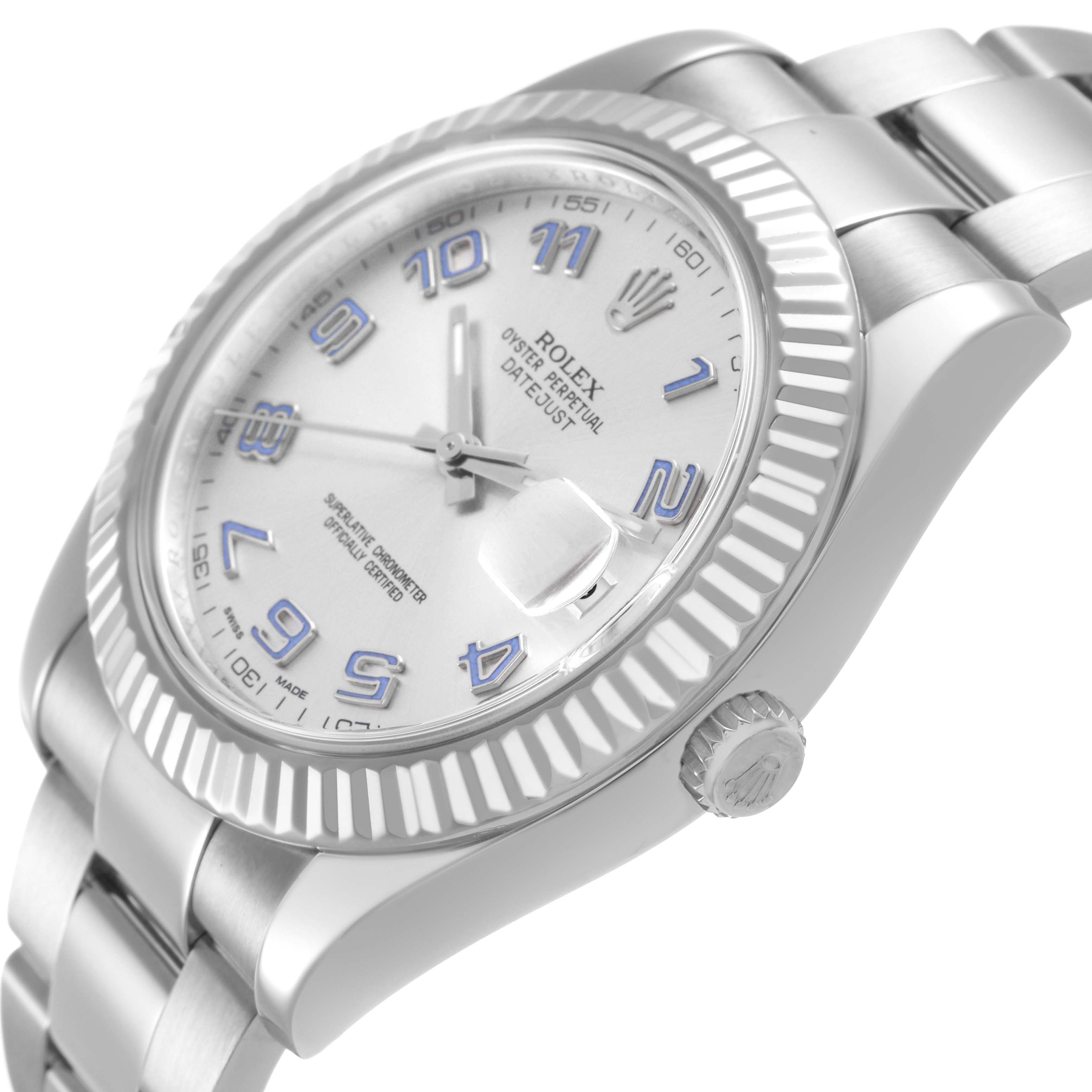 The Rolex Datejust 41 116334 Men's Stainless Steel Silver Dial is shown in a close-up side angle featuring the case, bracelet, bezel, and crown.