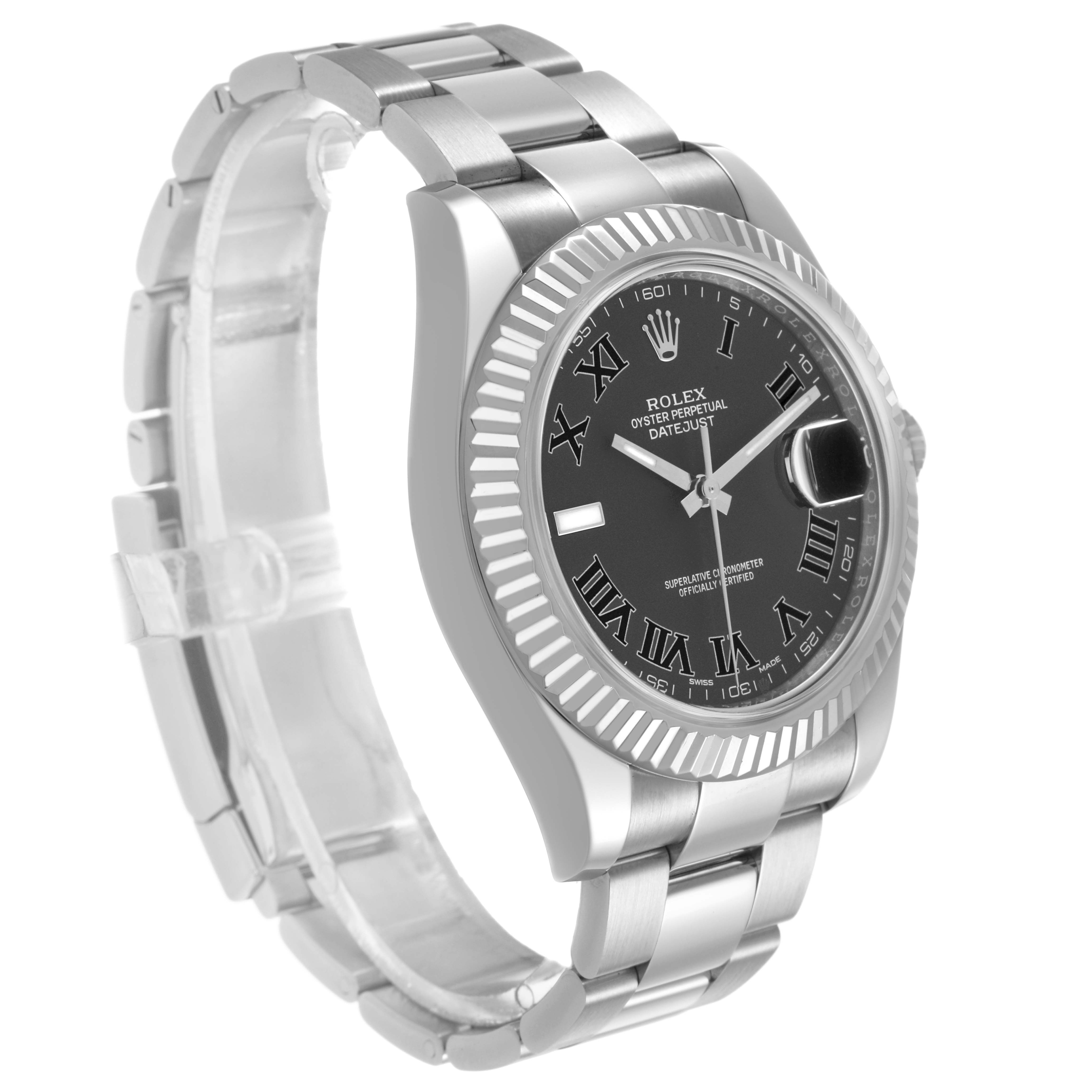 The Rolex Datejust 41 116334 Men's Stainless Steel Grey Dial watch is shown at a three-quarter angle, highlighting the bracelet, fluted bezel, and black dial with Roman numerals.