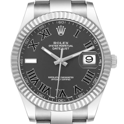 The image shows a front view of a Rolex Datejust 41 116334 Men's Stainless Steel Grey Dial, highlighting the dial, hands, bezel, and date window.