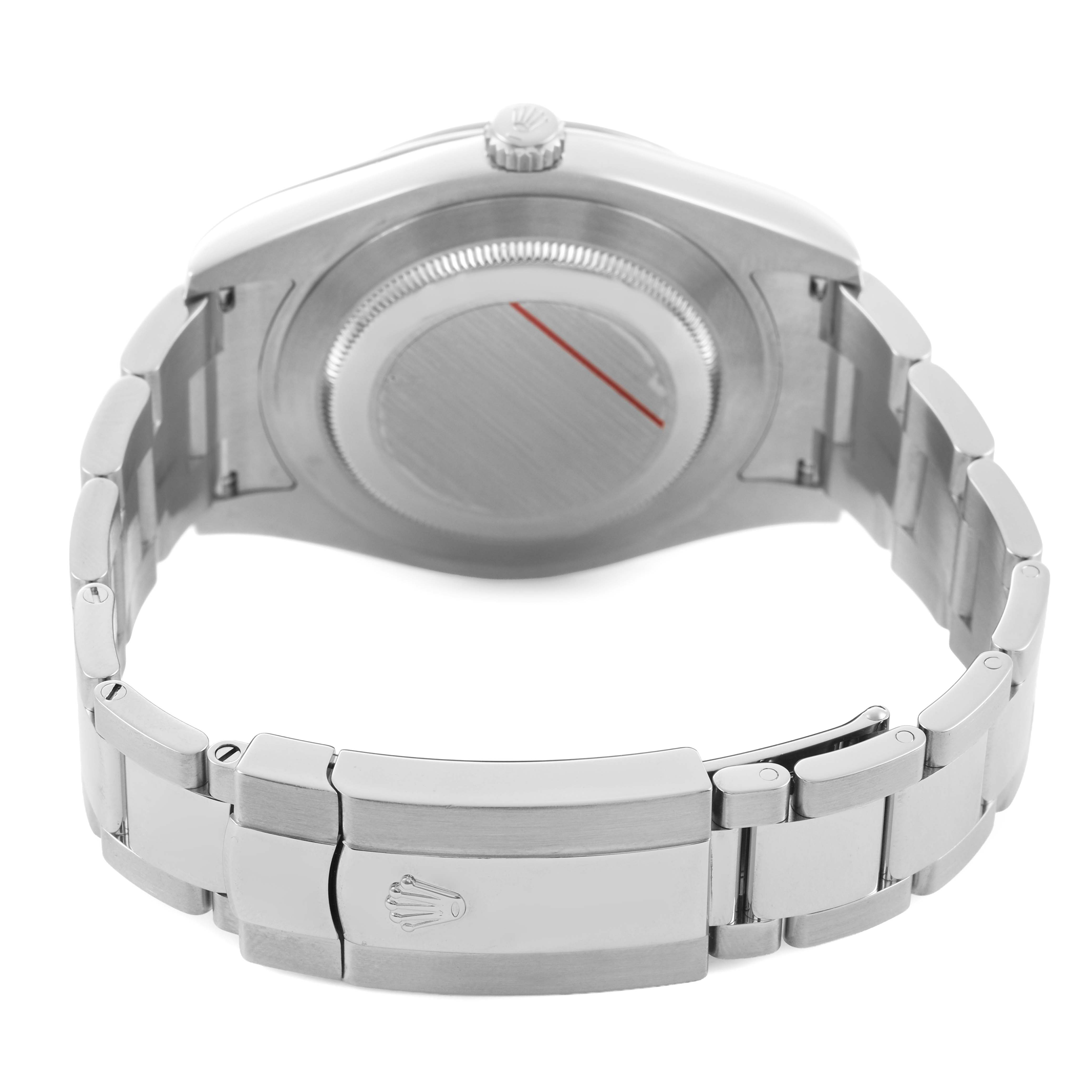 The image shows the back case and bracelet of a Rolex Datejust 41 116334 Men's Stainless Steel Grey Dial, highlighting the clasp and case back.