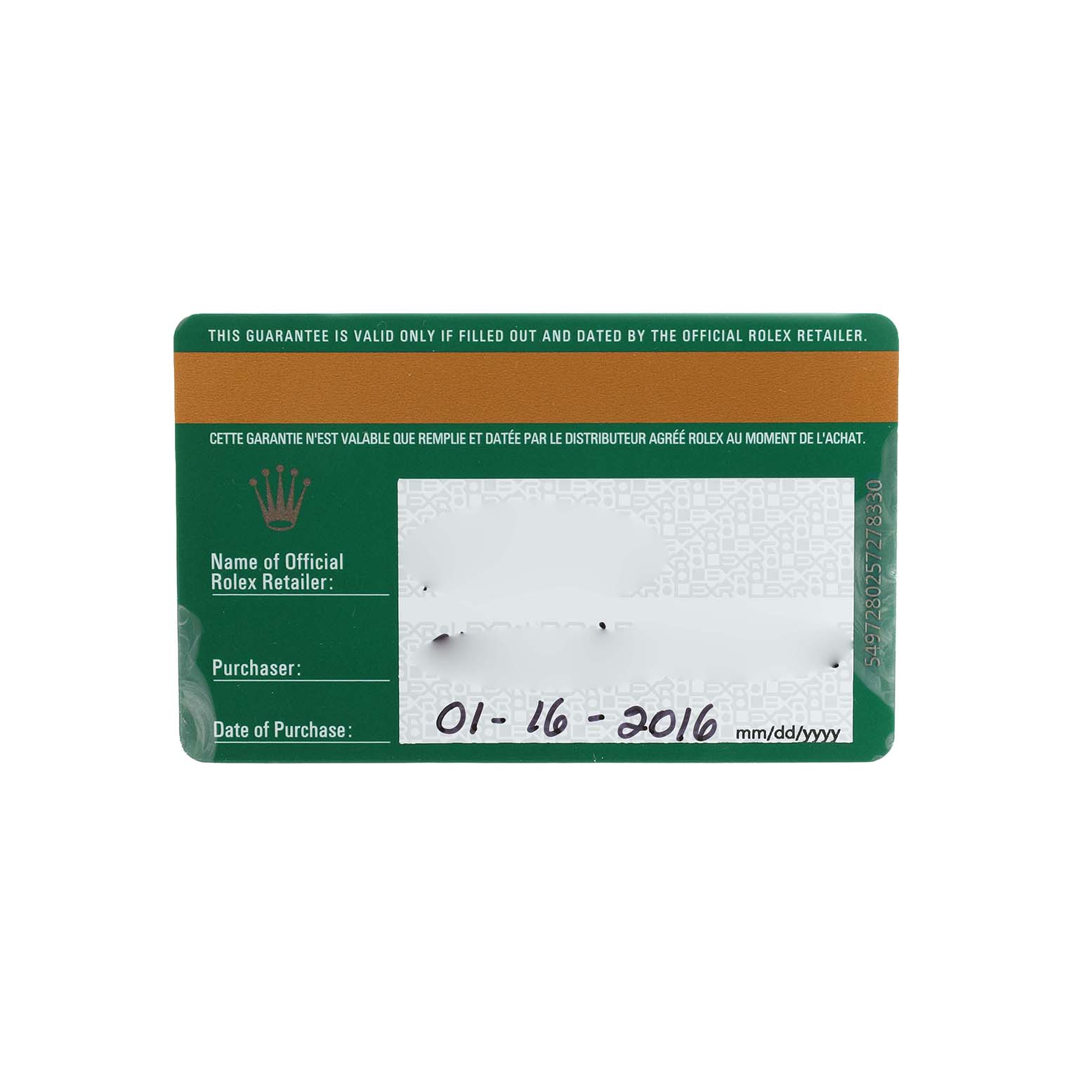 The image shows a warranty card for a Rolex Datejust 41 116334 Men's Stainless Steel Grey Dial, featuring purchase details and retail information.
