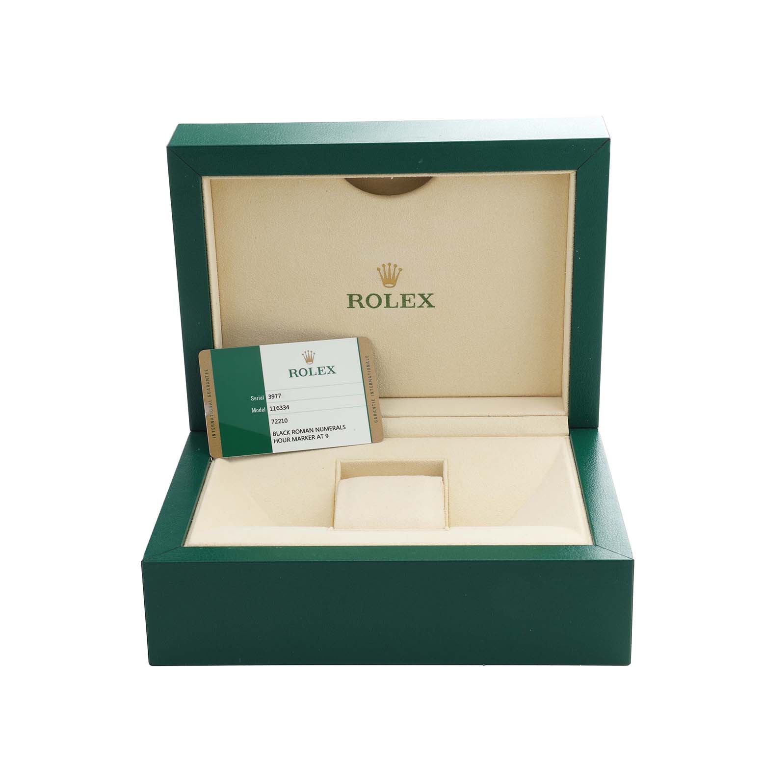 The image shows the open presentation box of a Rolex Datejust 41 116334 Men's Stainless Steel Grey Dial with a warranty card inside.