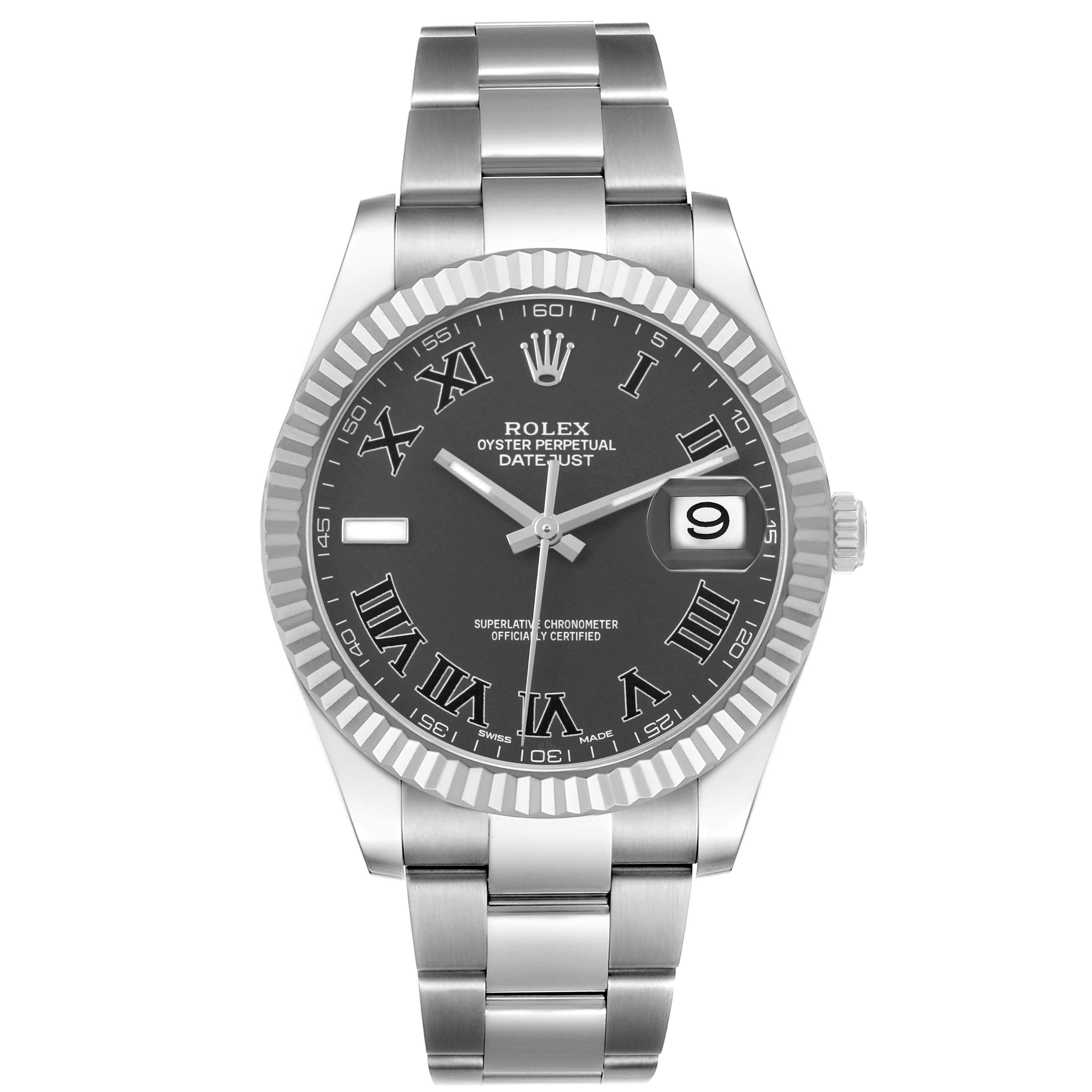 The Rolex Datejust 41 116334 Men's Stainless Steel Grey Dial watch is shown from a front angle, displaying the dial, bezel, and bracelet.