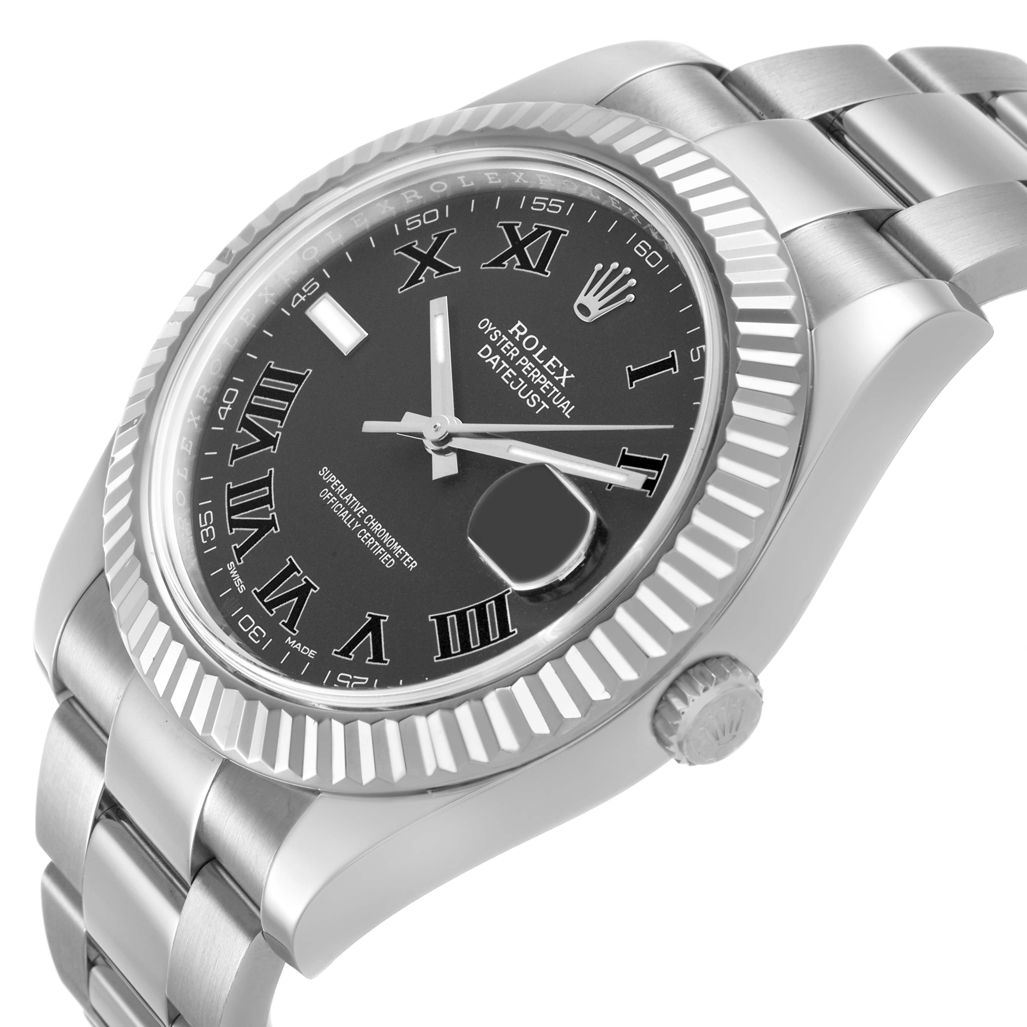 The Rolex Datejust 41 116334 Men's Stainless Steel Grey Dial is shown at an angled side view, displaying the bezel, dial, Roman numeral markers, crown, and bracelet.