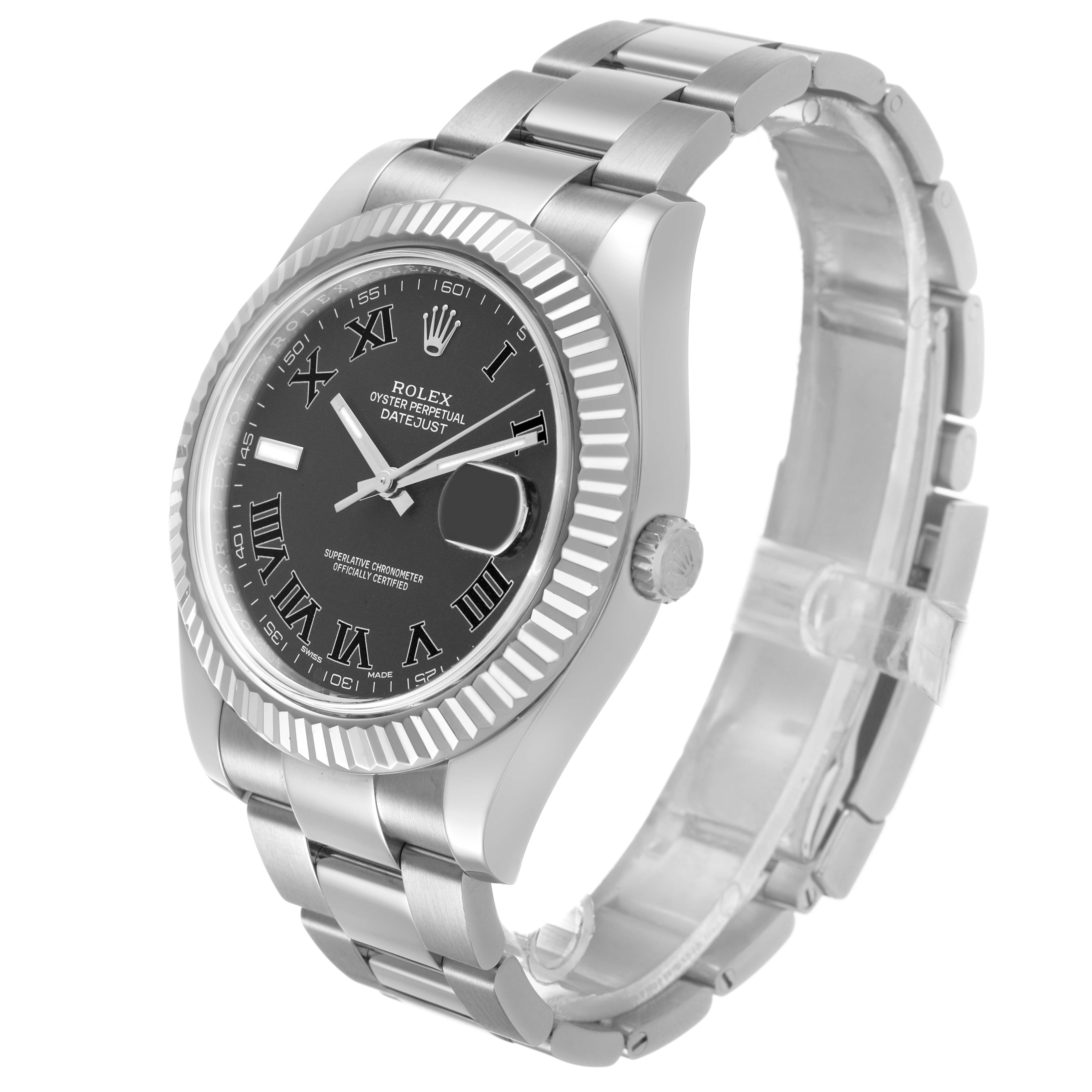 The Rolex Datejust 41 116334 Men's Stainless Steel Grey Dial is shown from a three-quarter angle highlighting its face, fluted bezel, and bracelet.