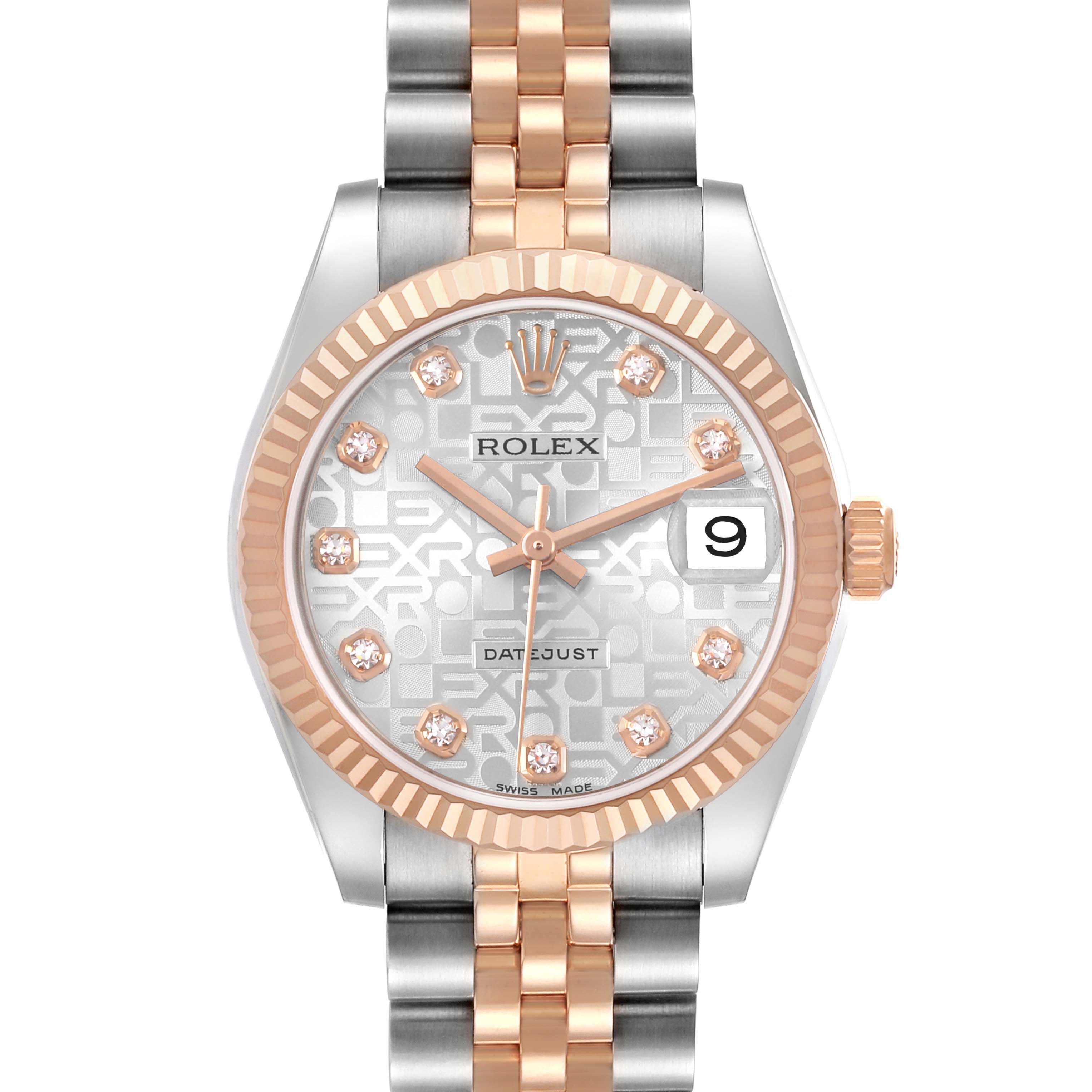 The Rolex Mid-Size 178271 Women's Stainless Steel Silver Dial watch is shown from a front view, highlighting the fluted bezel, dial, crown, and bracelet.