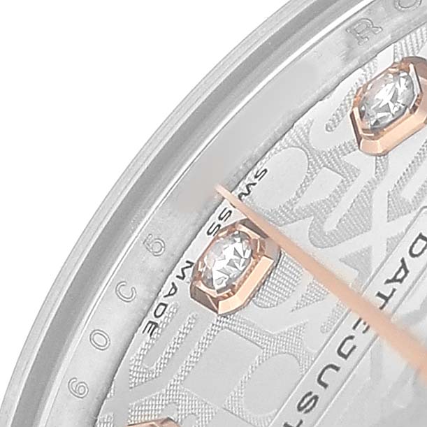 The image shows a close-up of a Rolex Mid-Size 178271 Women's Stainless Steel Silver Dial watch dial, highlighting a portion of the dial with diamond markers and the edge details.