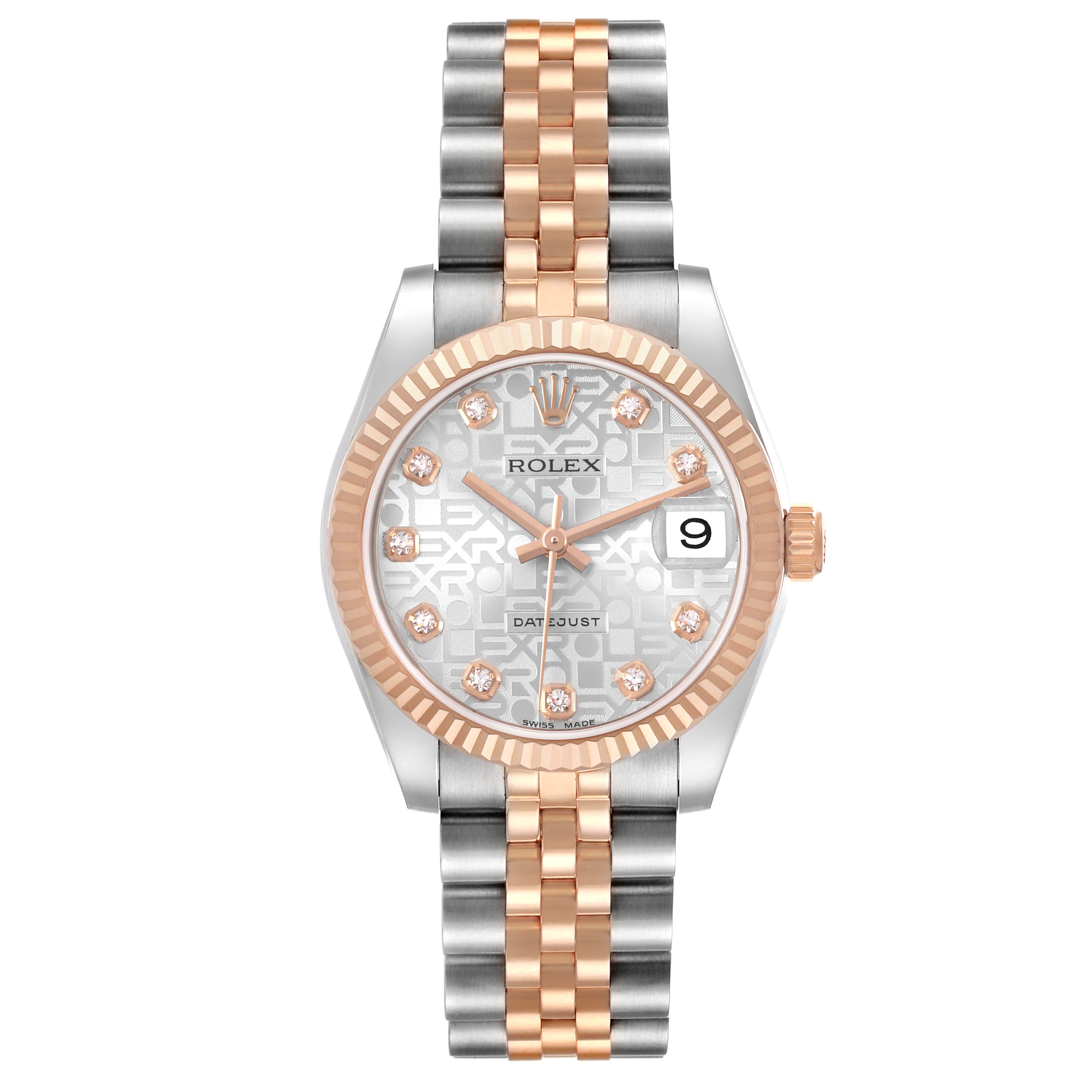 The Rolex Mid-Size 178271 Women's Stainless Steel Silver Dial watch is shown from a front angle, highlighting the face, bezel, and two-tone bracelet.