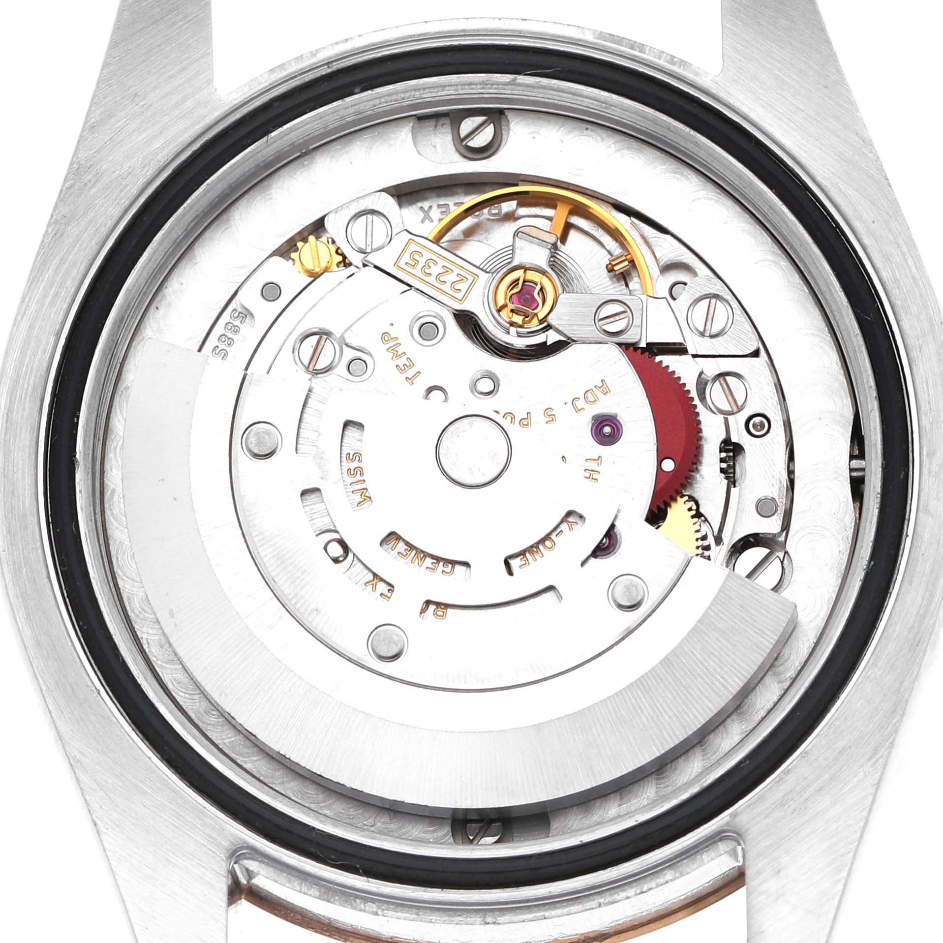 The image shows the movement and internal mechanics of a Rolex Mid-Size 178271 Women's Stainless Steel Silver Dial model watch from the back.