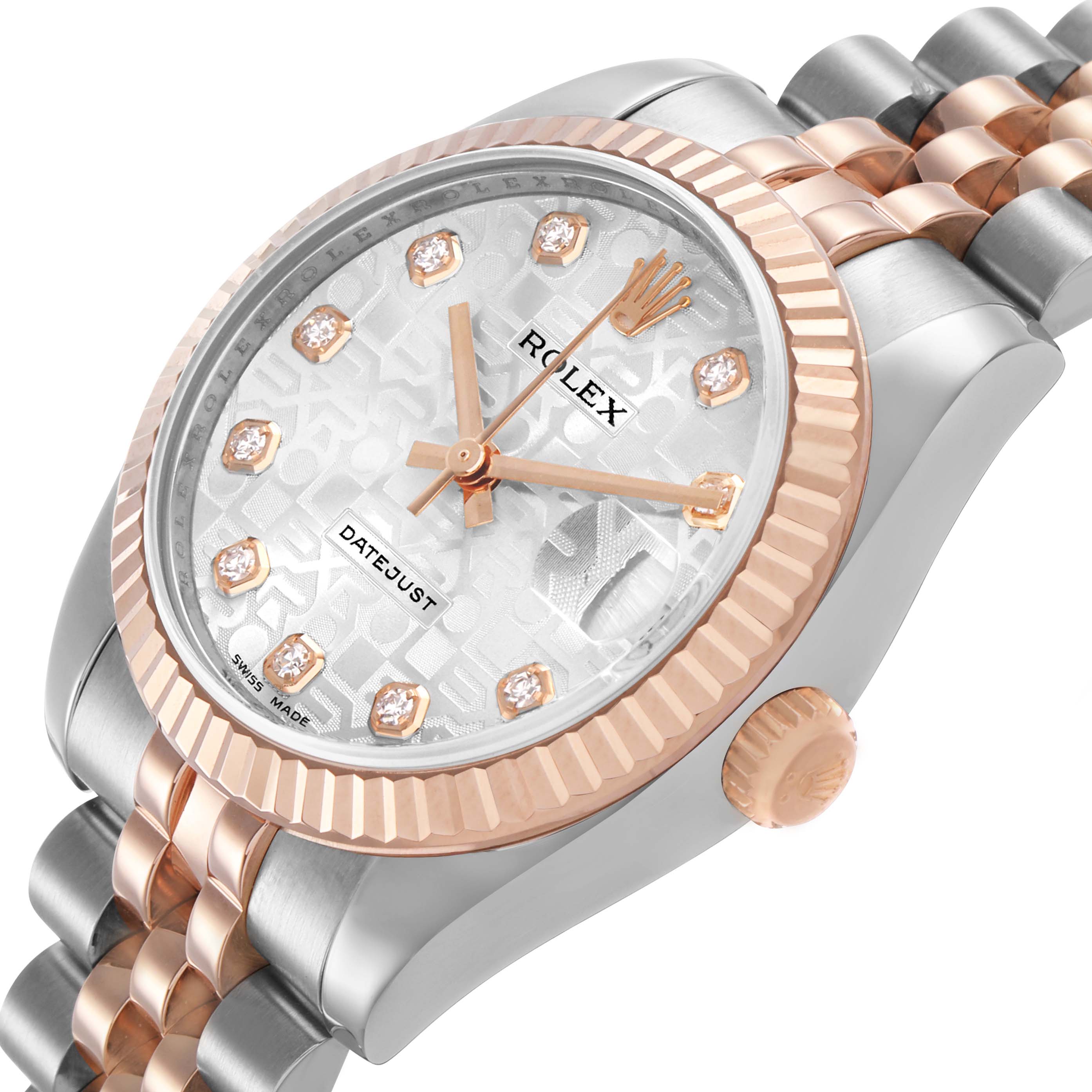 The Rolex mid-size watch is shown at a tilted angle, highlighting the dial, rose gold bezel, and two-tone bracelet.