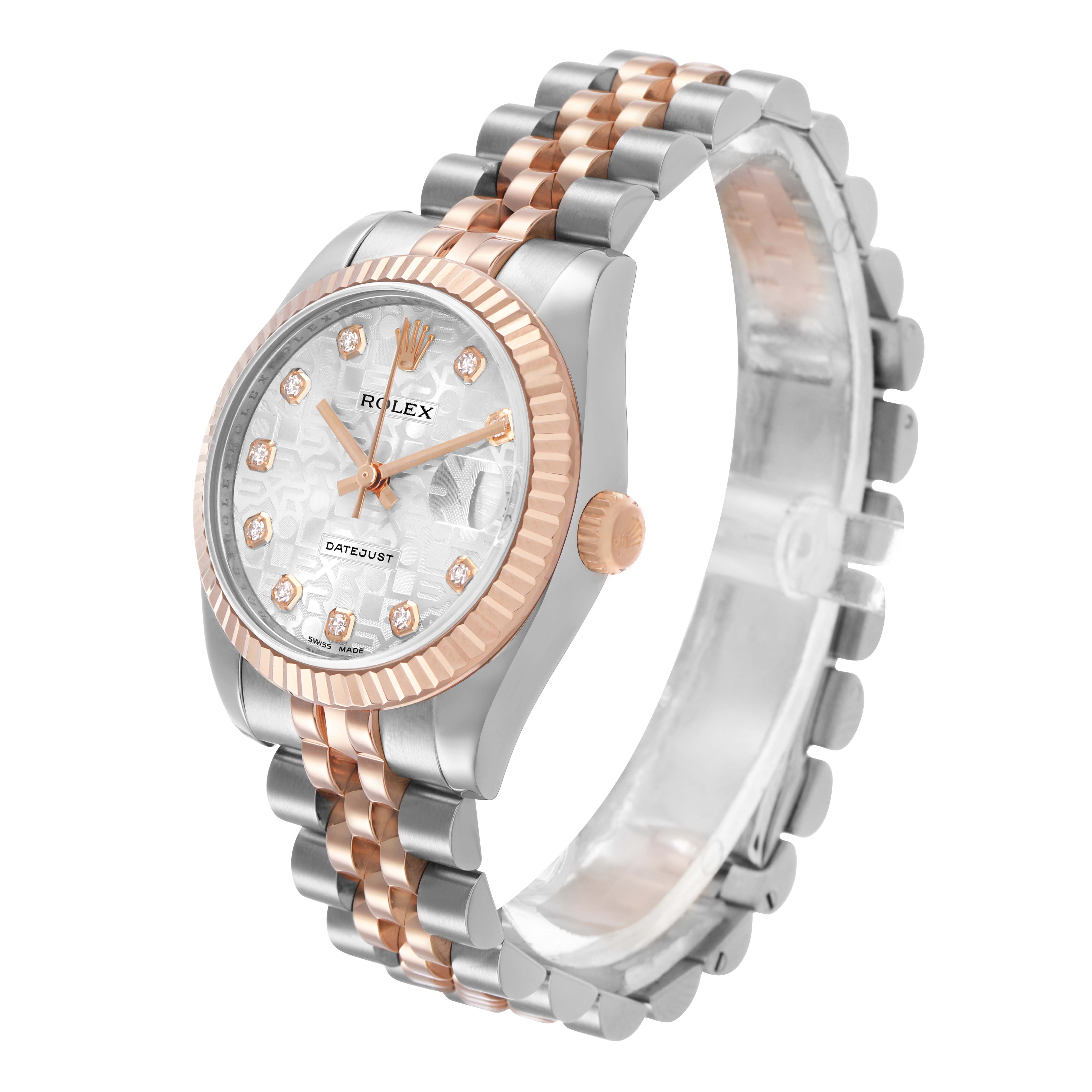 The Rolex Mid-Size 178271 Women's Stainless Steel Silver Dial is shown at a slight angle, highlighting the dial, crown, bezel, and two-tone bracelet.