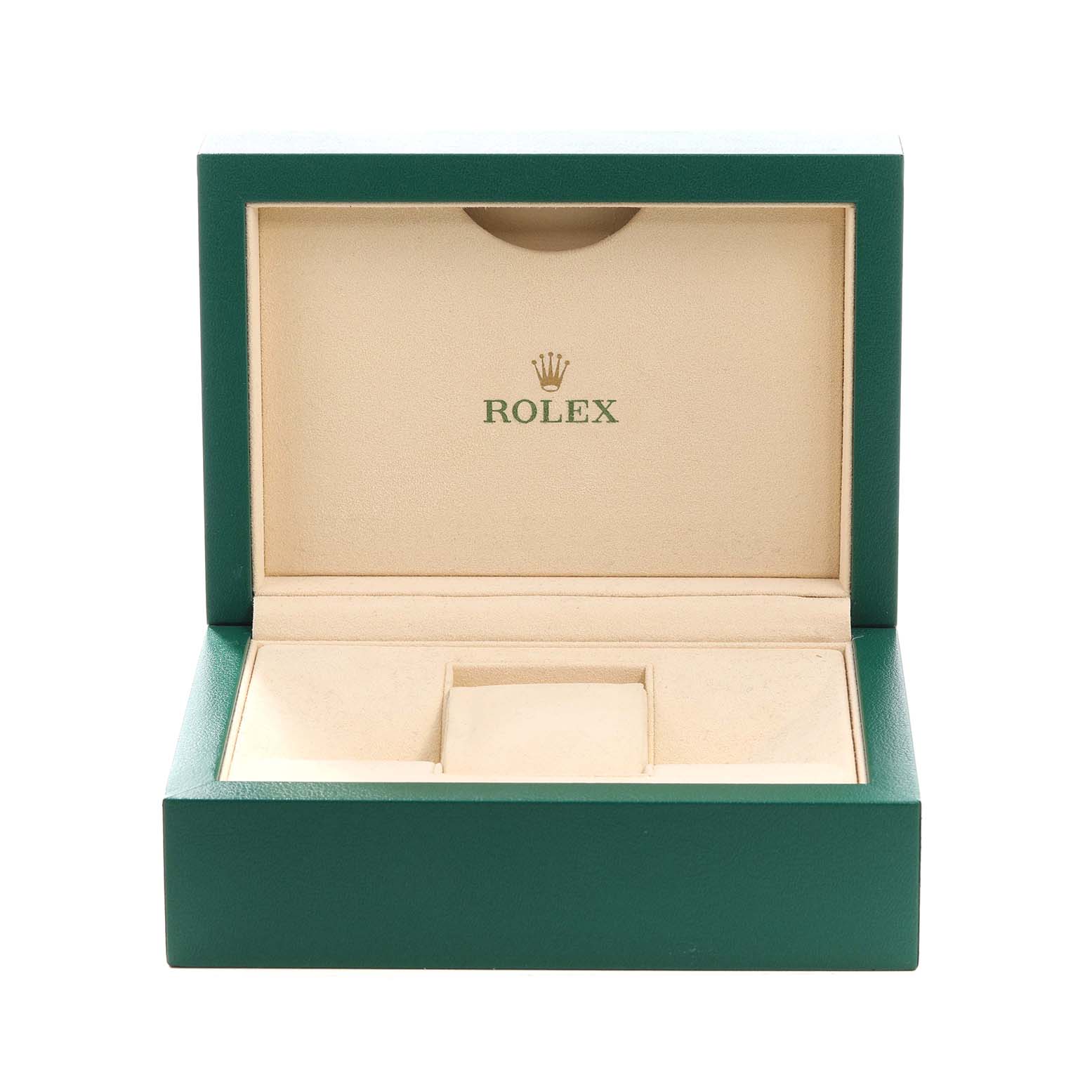 The image shows an open Rolex watch box for a Mid-Size model, featuring a green exterior and beige interior.