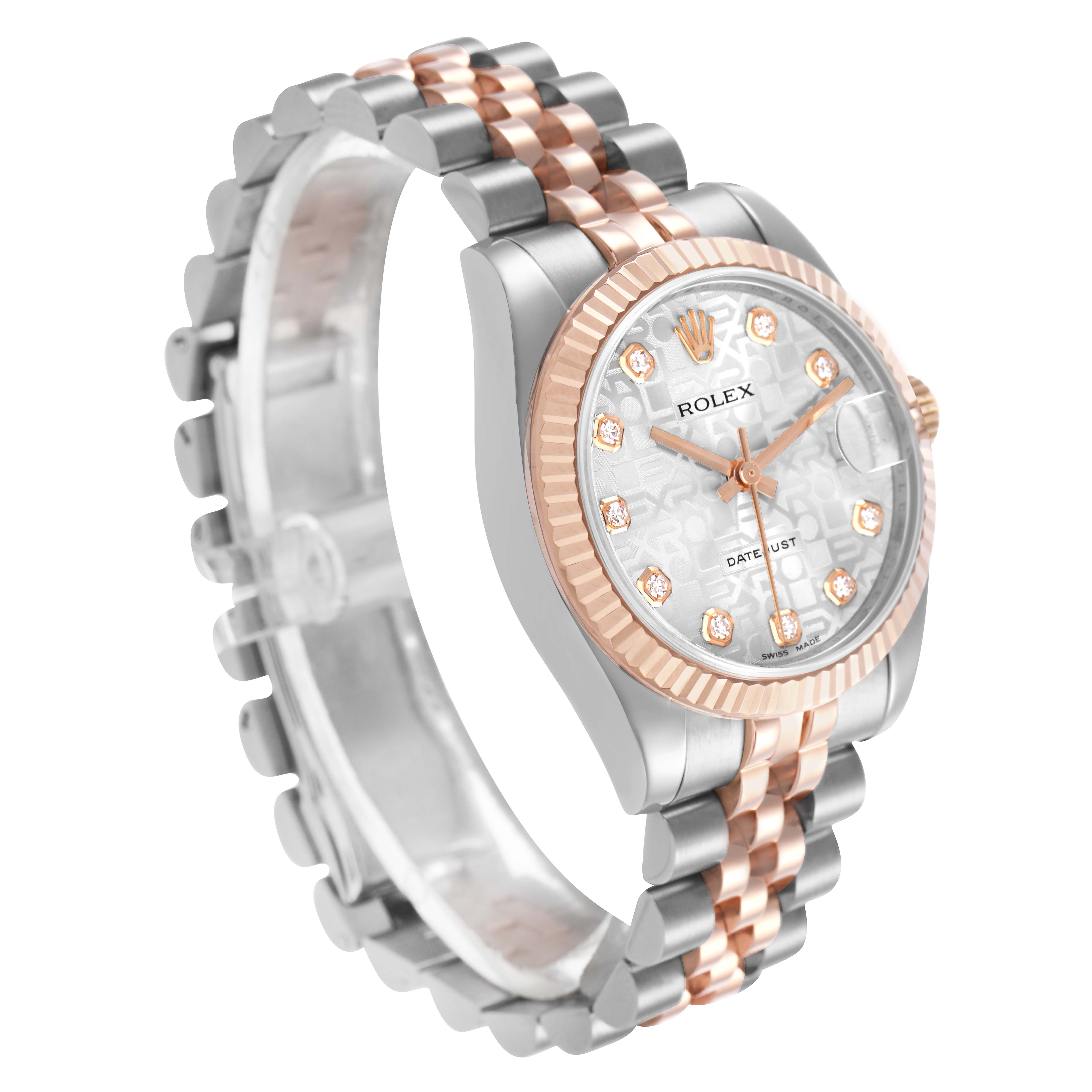 The image shows a Rolex Mid-Size 178271 Women's Stainless Steel Silver Dial watch at a three-quarter angle, highlighting its dial, bezel, and two-tone bracelet.