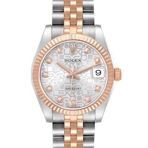 The Rolex Mid-Size 178271 Women's Stainless Steel Silver Dial watch is shown from a front angle, displaying its dial, fluted bezel, and two-tone bracelet.