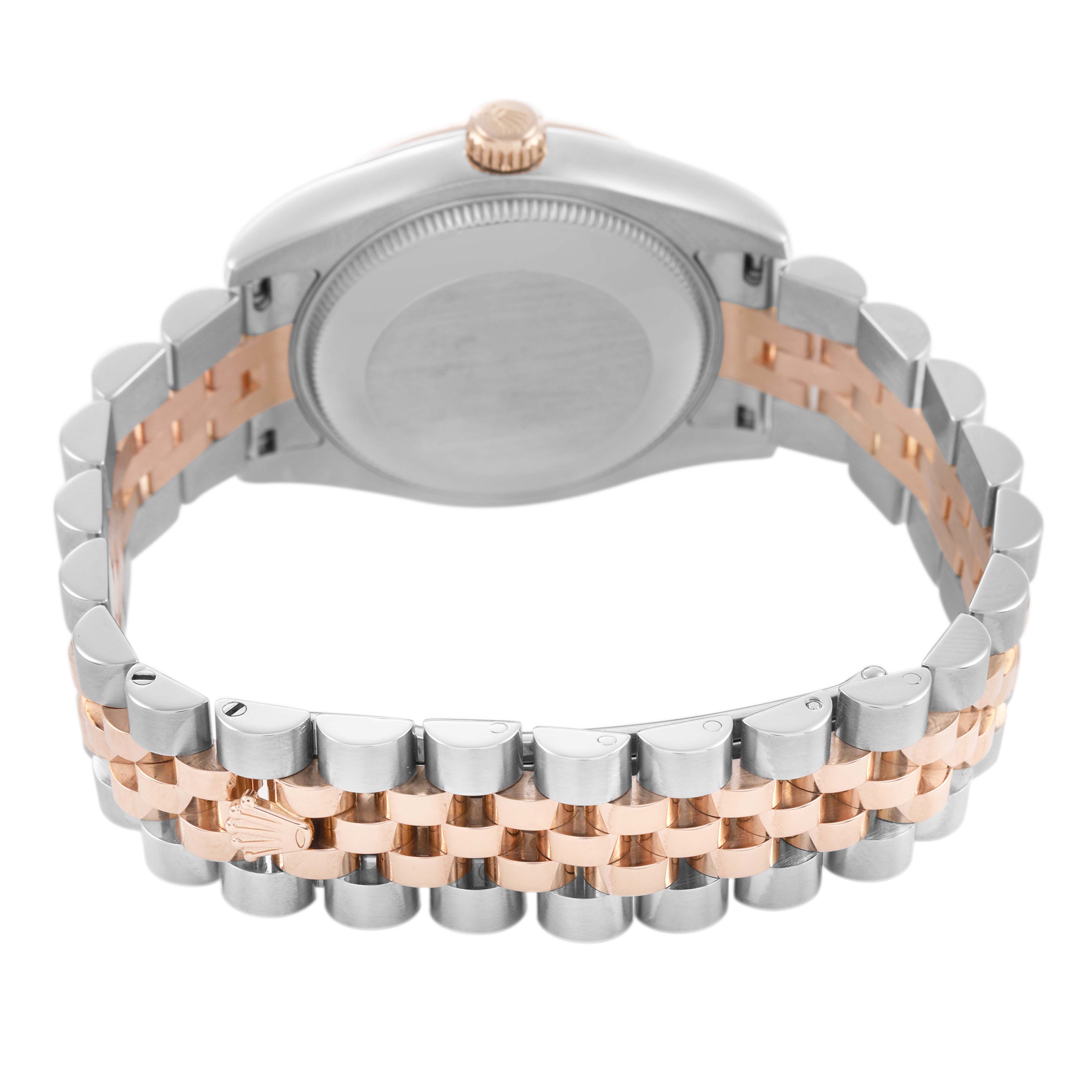 The image shows the backside of a Rolex Mid-Size 178271 Women's Stainless Steel Silver Dial watch, highlighting the clasp and the two-tone bracelet links.