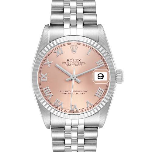 The Rolex Mid-Size 78274 Women's Stainless Steel Pink Dial watch is shown from the front, displaying the dial, fluted bezel, and bracelet.