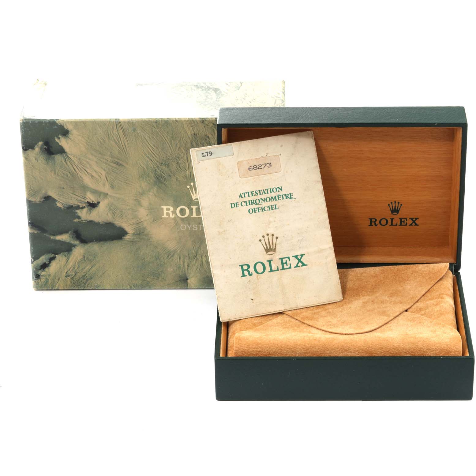 The image shows the packaging, an official chronometer certification booklet, and the presentation box for a Mid-Size Rolex watch.